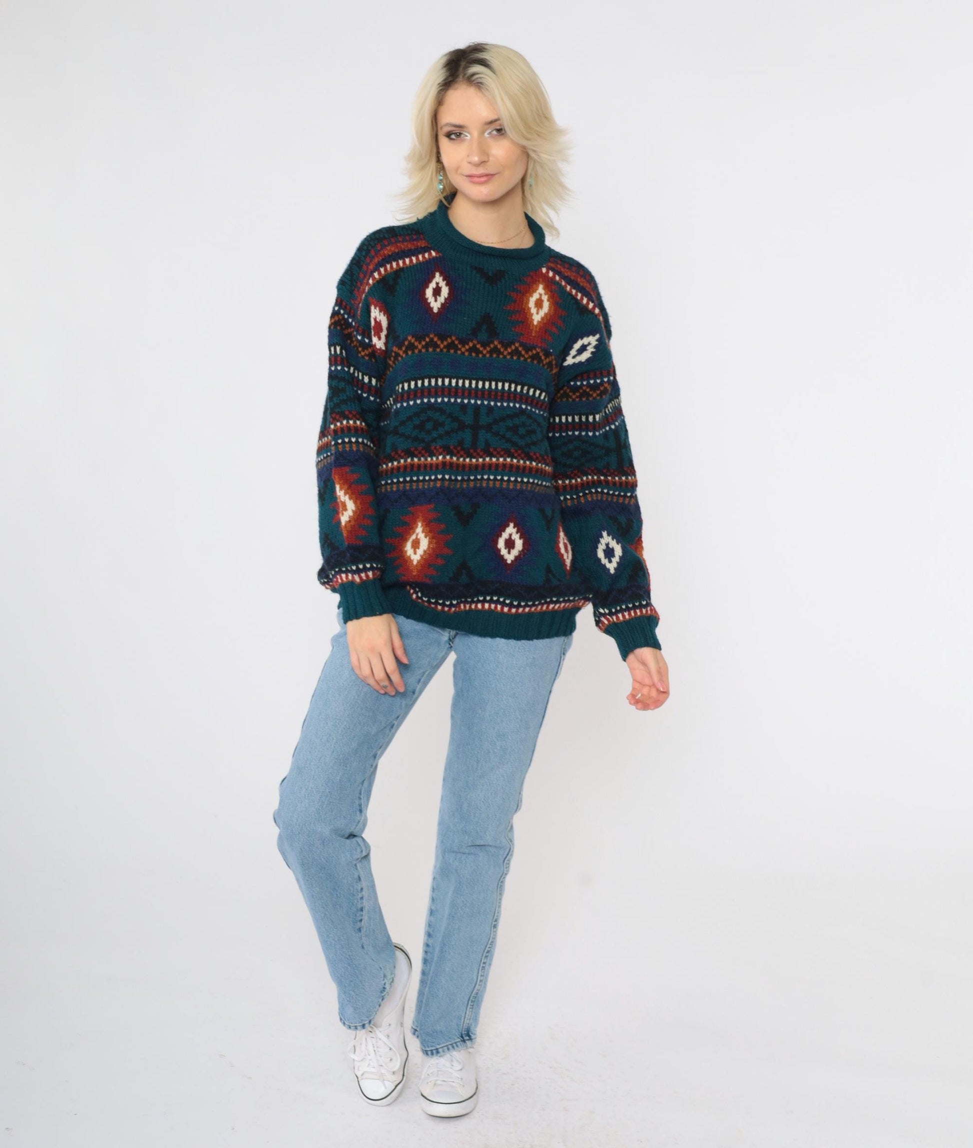 90s Early Winters Wool Southwestern Sweater Teal Geometric Roll Neck Medium M