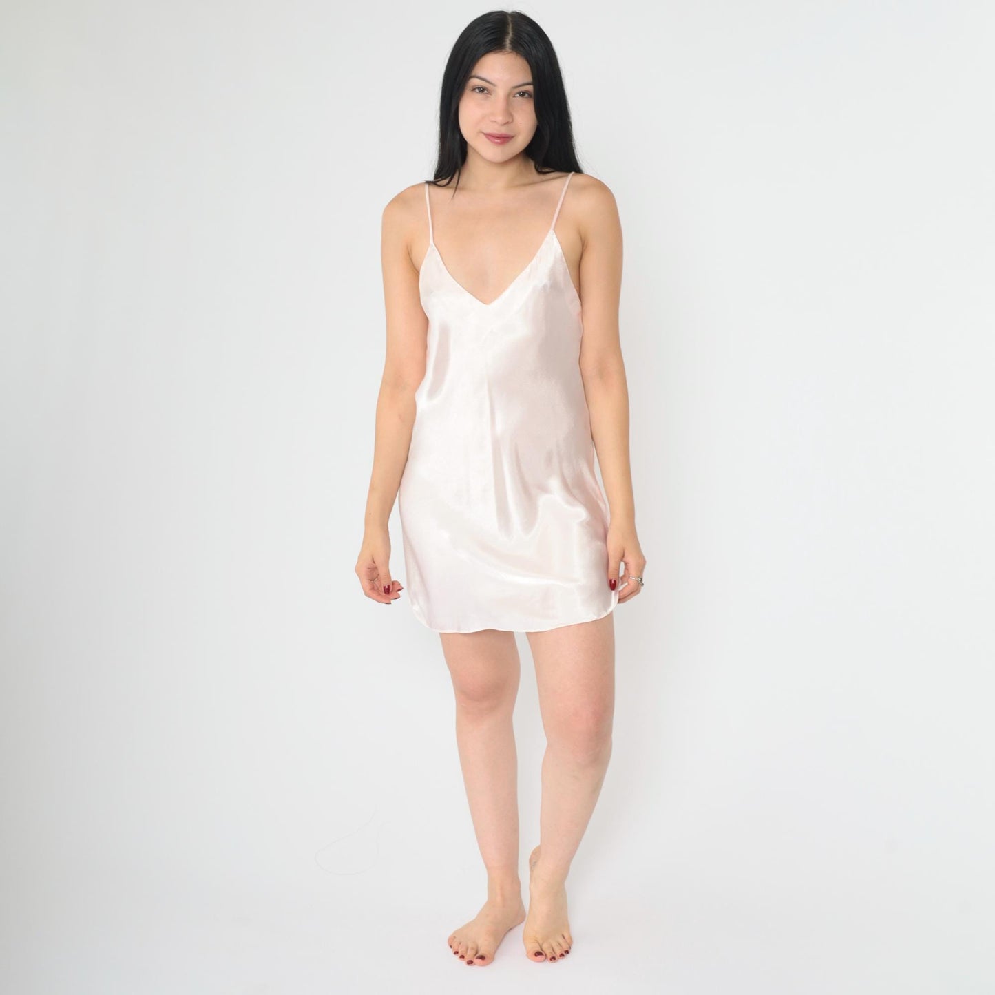 90s Baby Pink Satin Slip Dress V-Neck Spaghetti Strap Mini Medium M