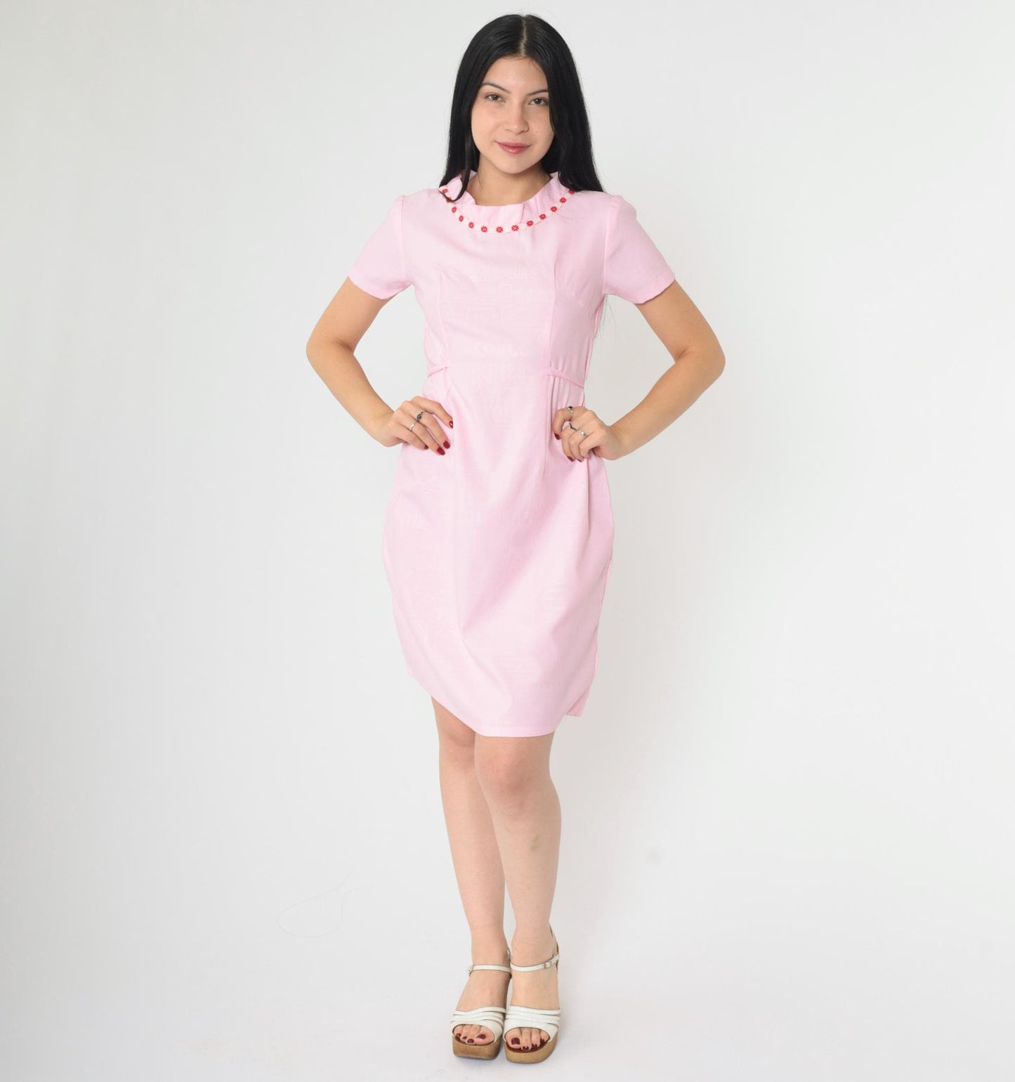 1960s Pink Mod Shift Dress Embroidered Collar Textured Print Tie Waist Small