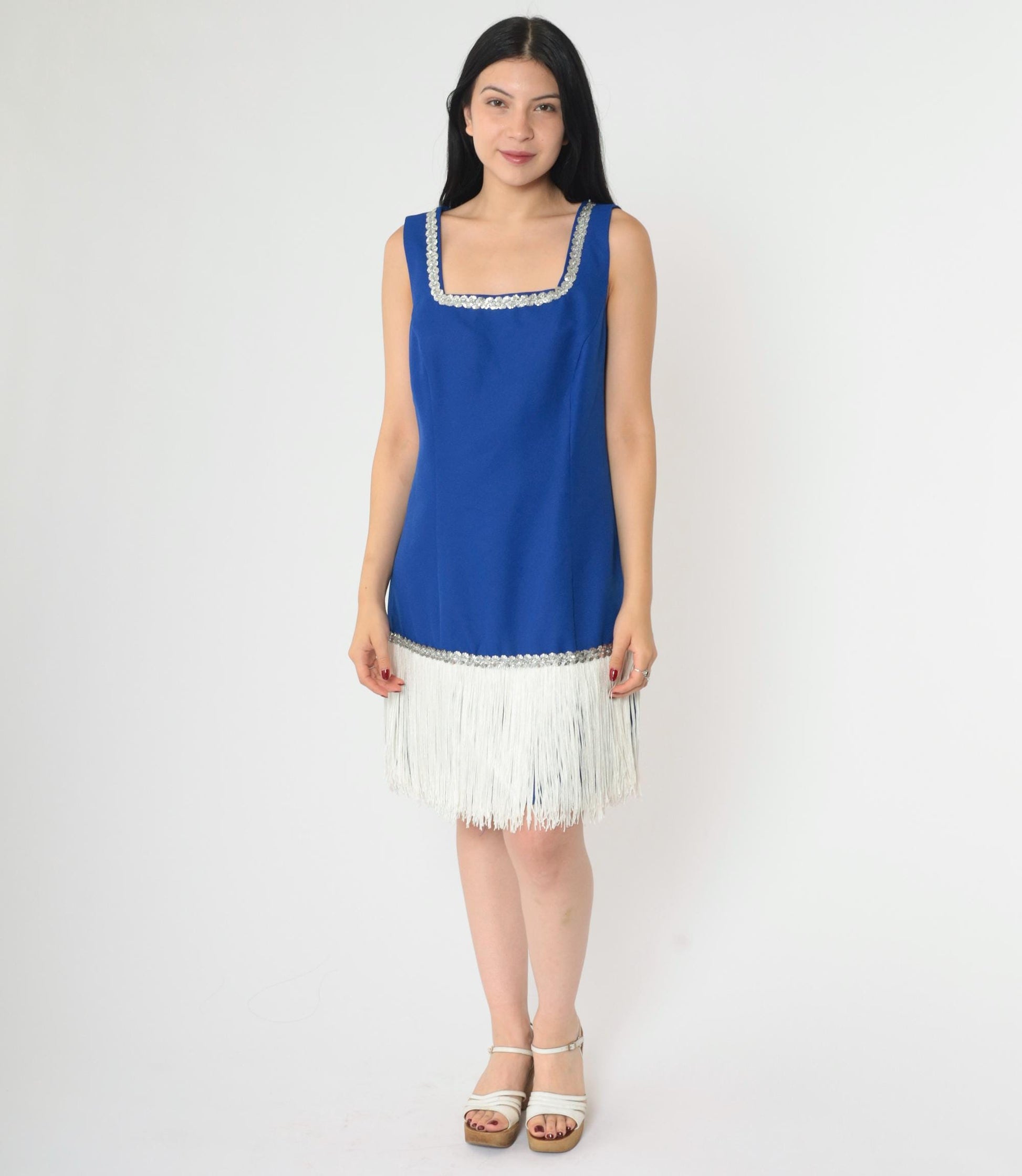 90s Royal Blue Fringe Sequin Mini Dress Square Neck Sleeveless Small