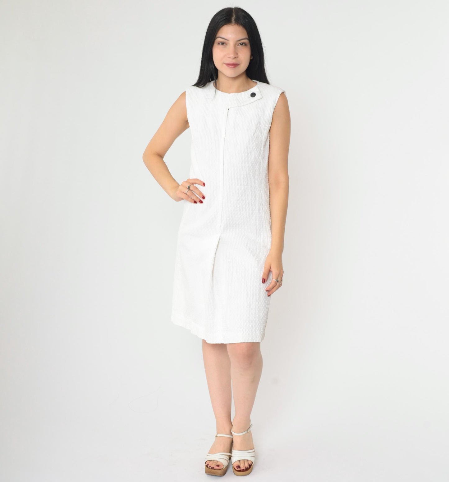 60s White Mod Mini Shift Dress Sleeveless Front Zip Textured Small