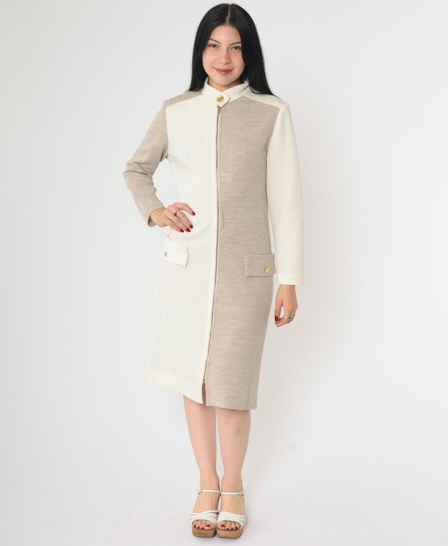 60s Mod Color Block Shift Dress White Taupe Front Zip Long Sleeve Medium