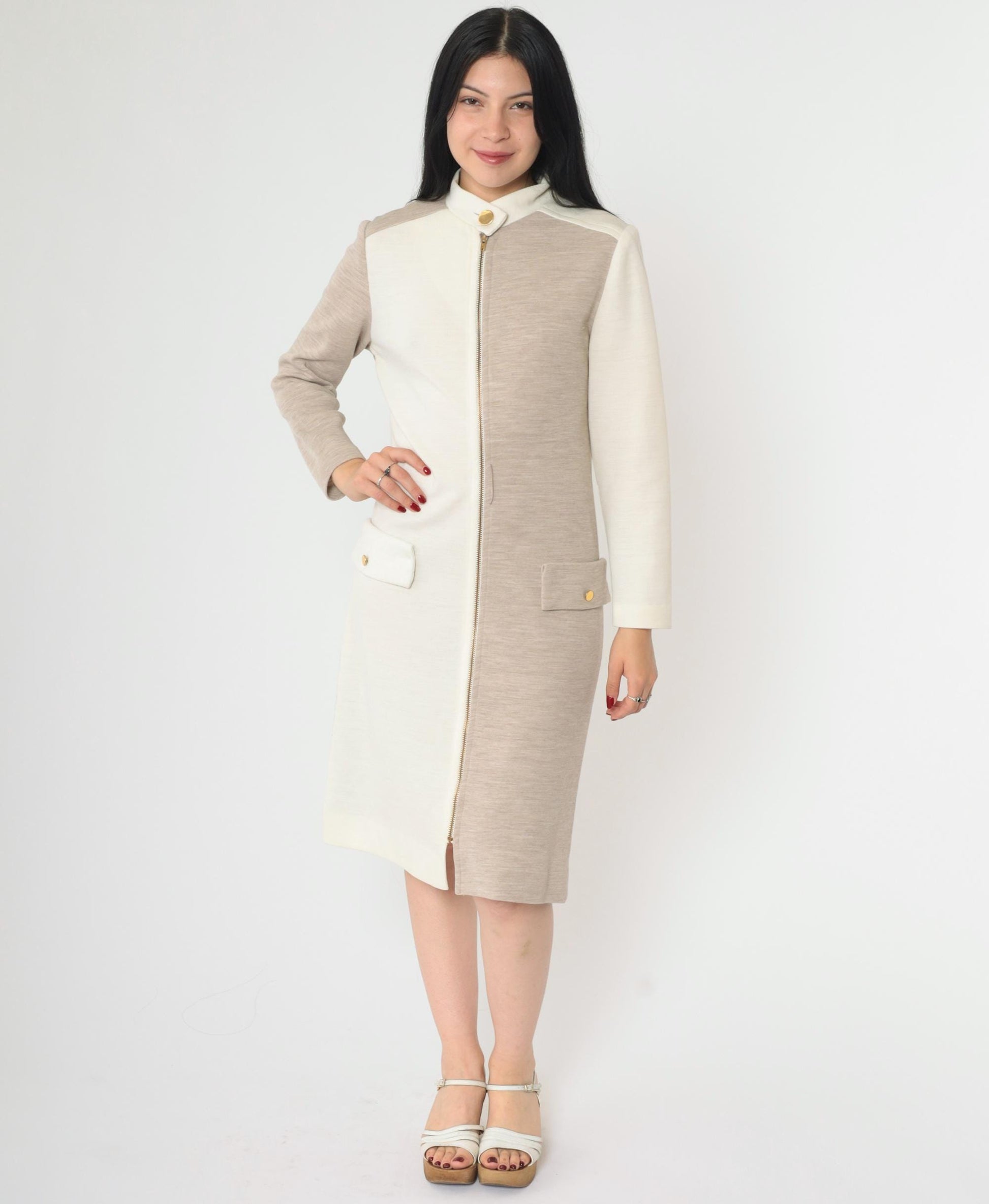 60s Mod Color Block Shift Dress White Taupe Front Zip Long Sleeve Medium