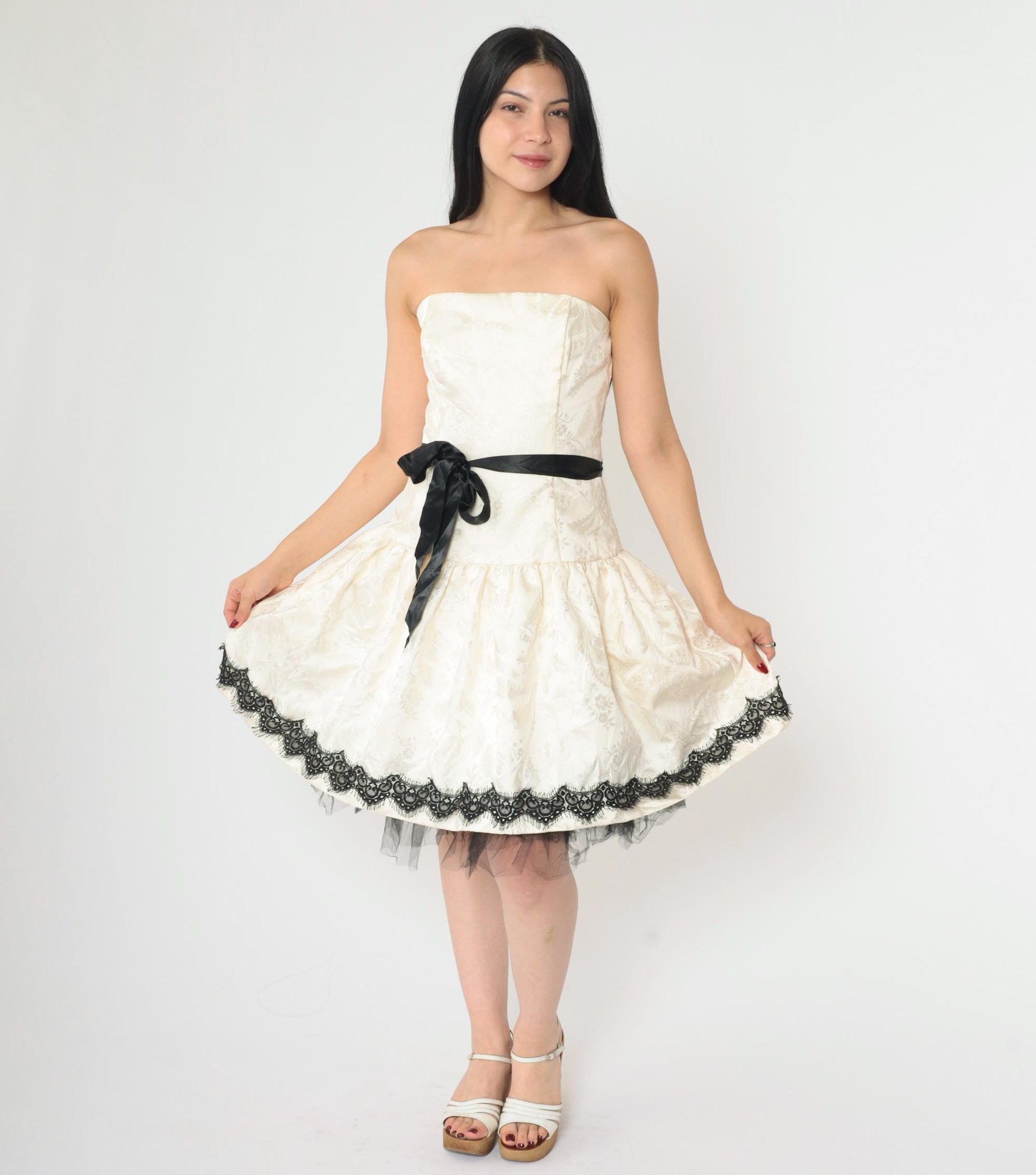 90s Jessica McClintock Ivory Jacquard Strapless Dress Black Lace Tulle Medium