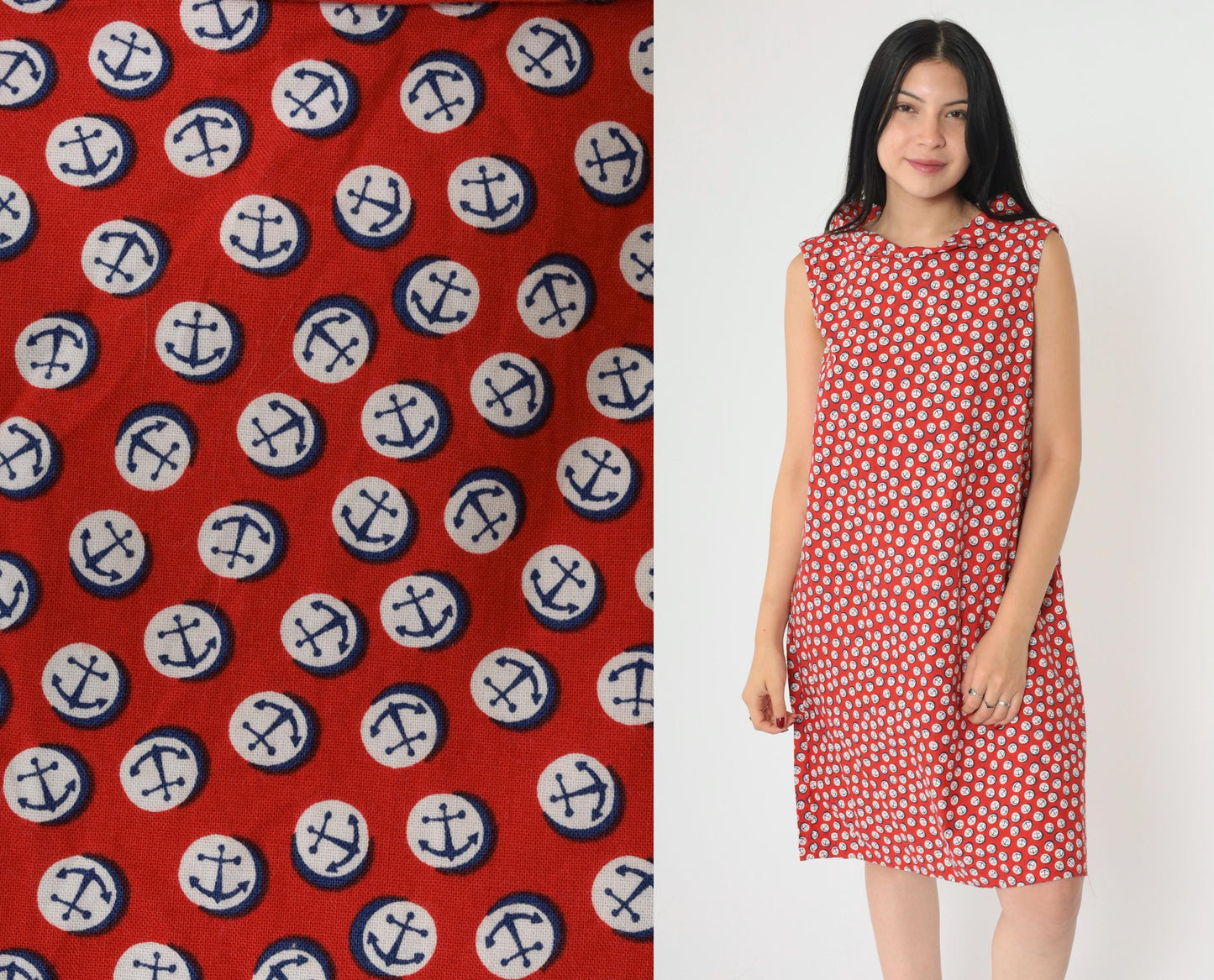 1960s Nautical Anchor Print Shift Dress Red Mini Sleeveless Medium M