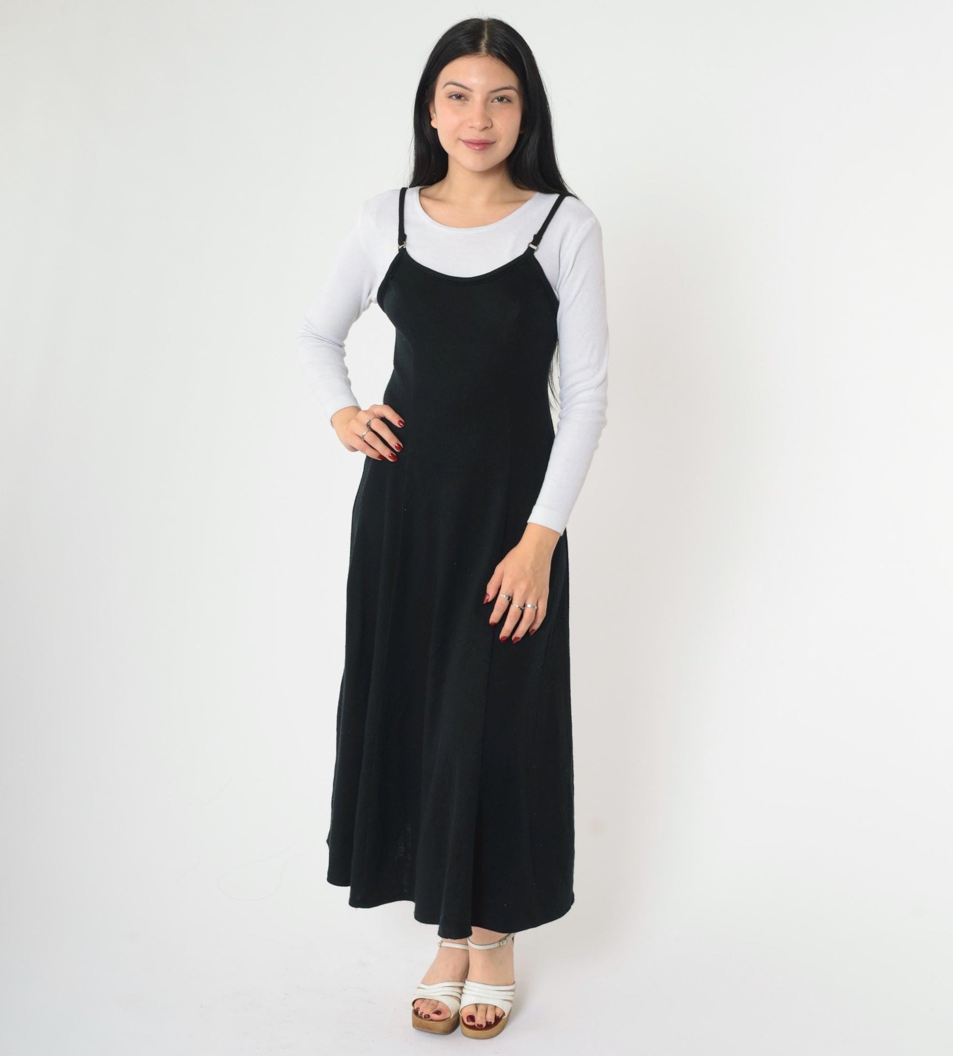 90s Black Midi Dress White Lace-Up Back Attached Shirt Small