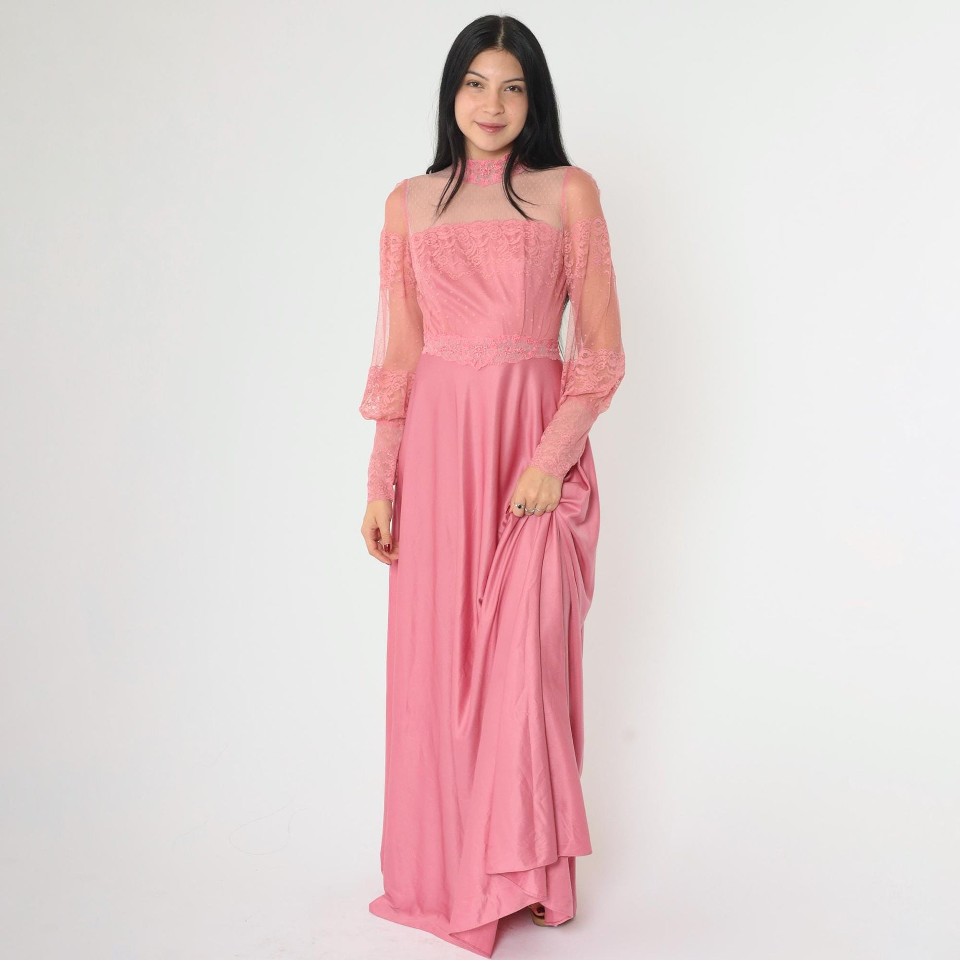 70s Pink Lace Maxi Dress High Neck Balloon Sleeve Small 4