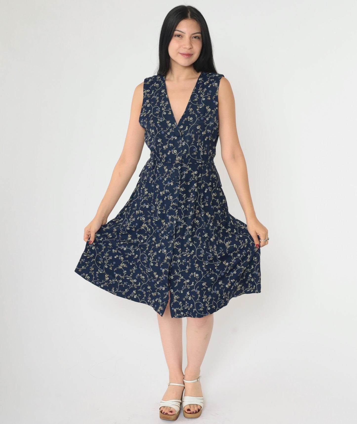 90s Navy Floral Jumper Dress Sleeveless V-Neck Mini Button-Up Small