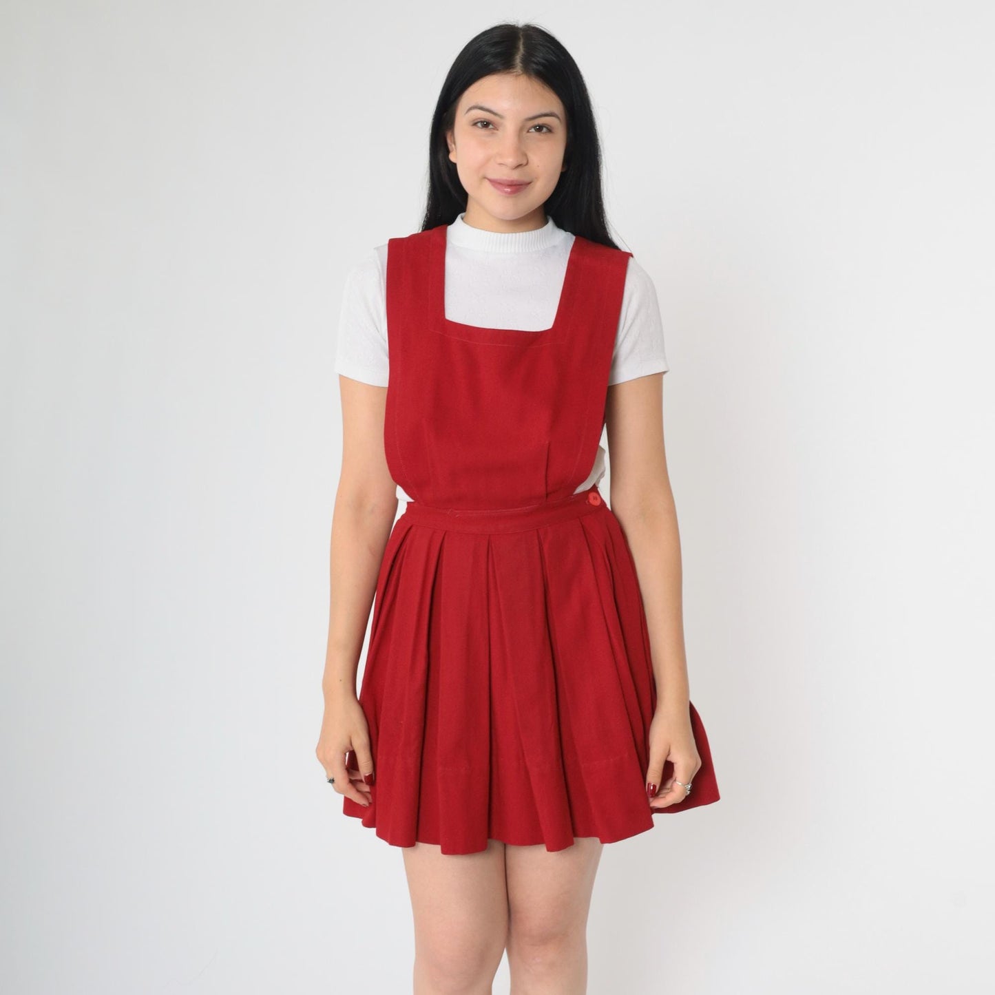 70s Red Pleated Mini Jumper Dress High Waist Pinafore Small