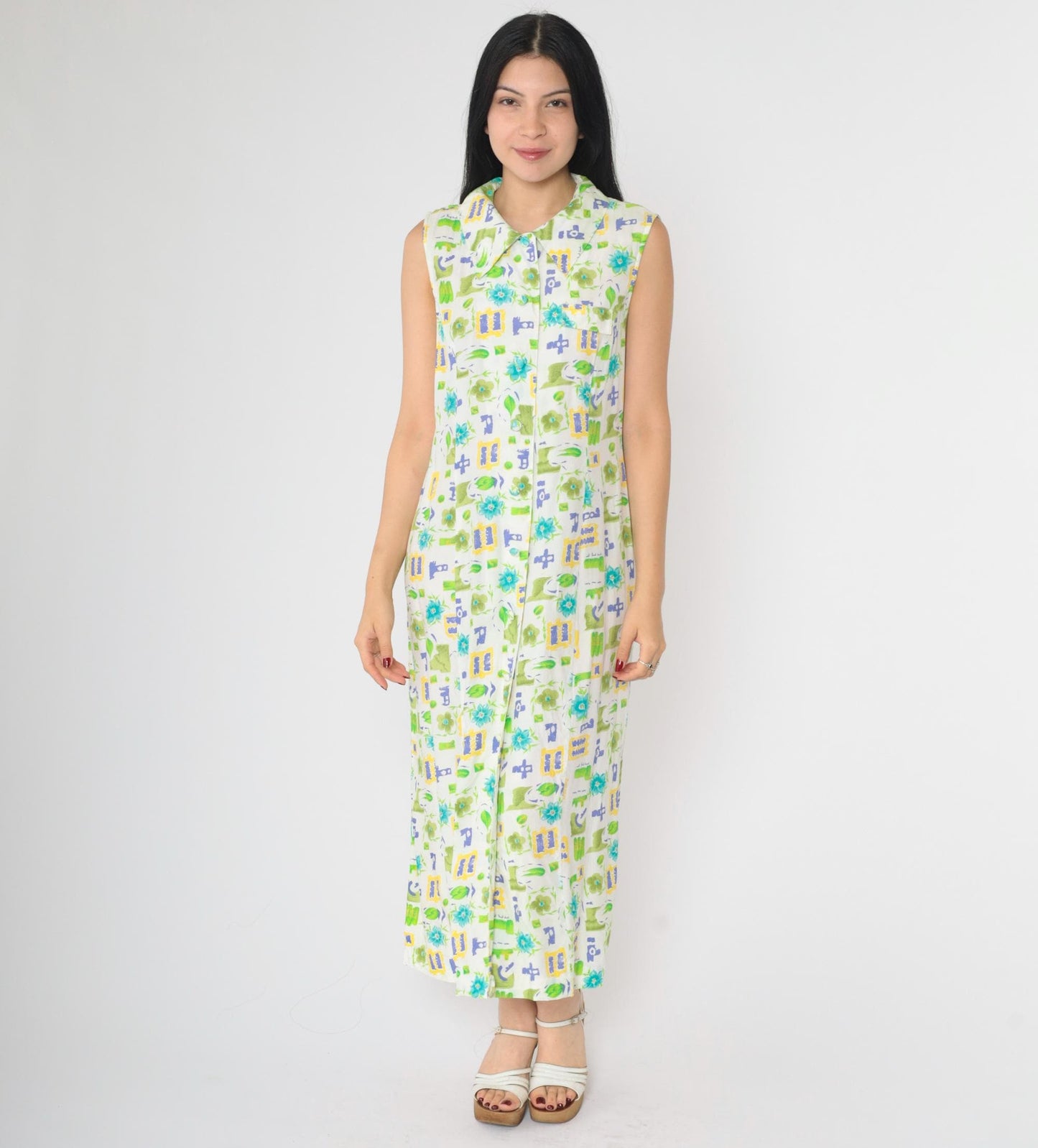 90s Floral Button-Up Dress White Green Blue Rayon Ankle Length Medium M