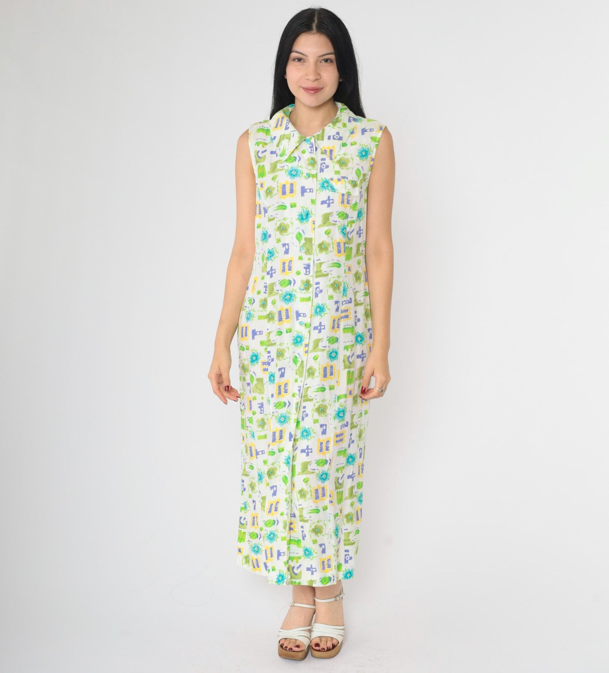 90s Floral Button-Up Dress White Green Blue Rayon Ankle Length Medium M