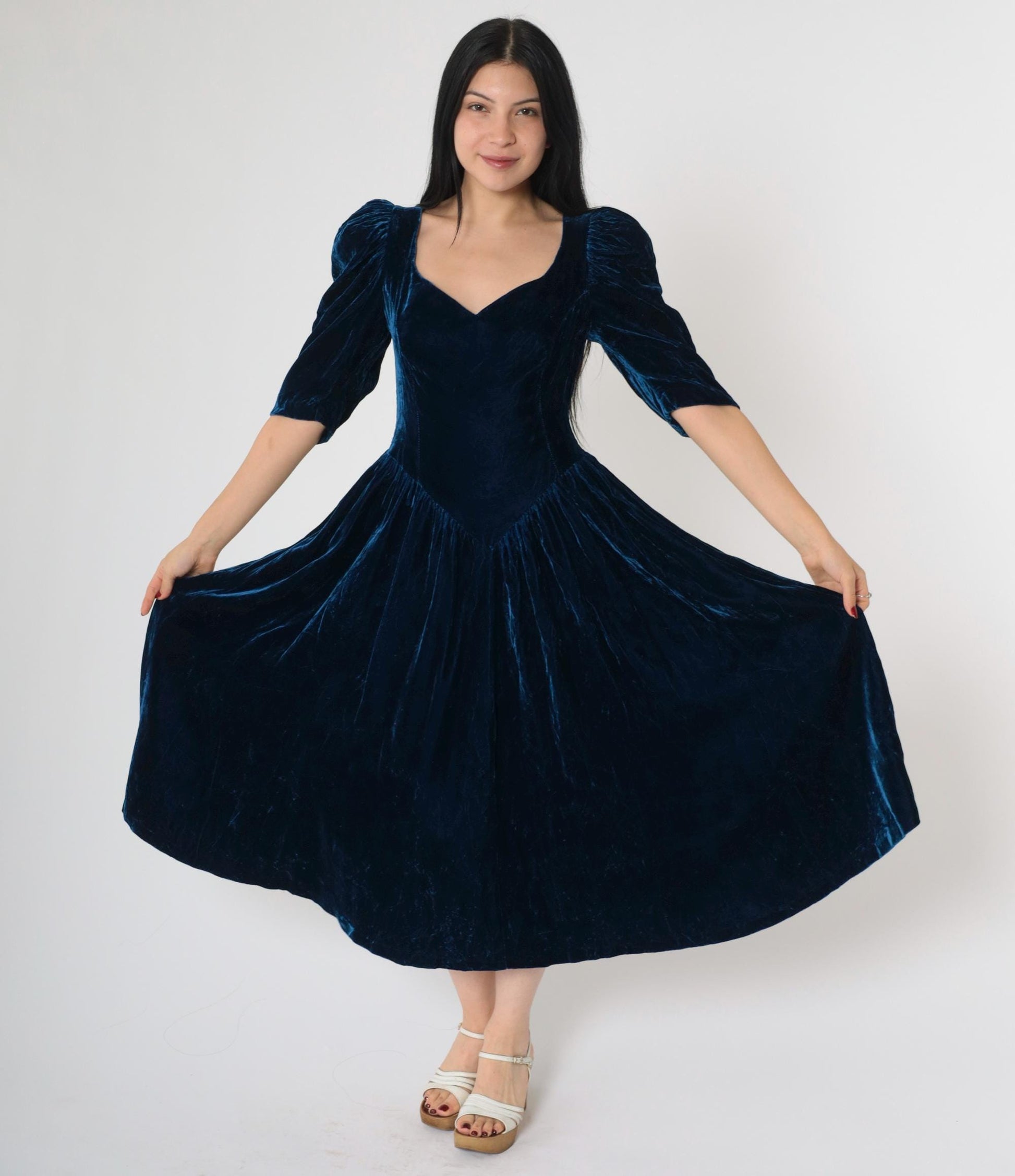 80s Blue Velvet Midi Dress Puff Sleeve Sweetheart Neckline Basque Waist Extra Small