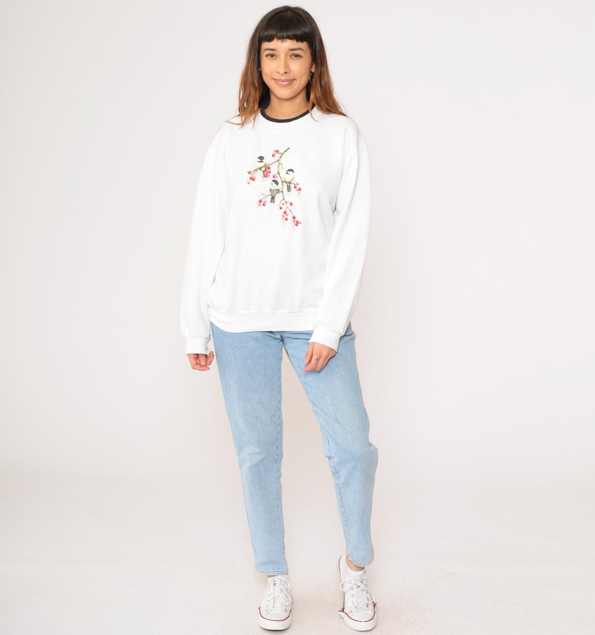 90s Chickadee Bird Sweatshirt White Double Collar Graphic Crewneck Large L