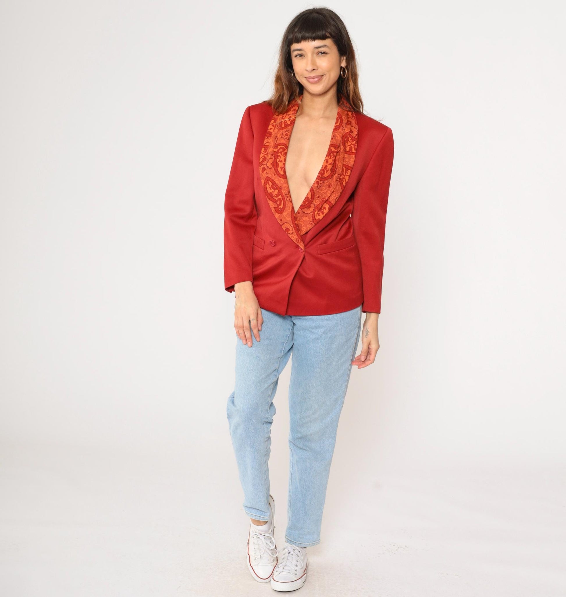 90s Byblos Red Wool Blazer Paisley Shawl Collar Double Breasted Small