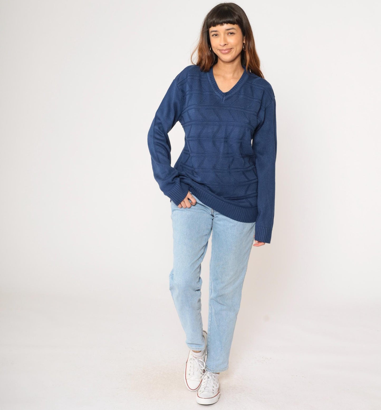 80s Dark Blue Geometric Knit V-Neck Pullover Sweater Tricot Medium M