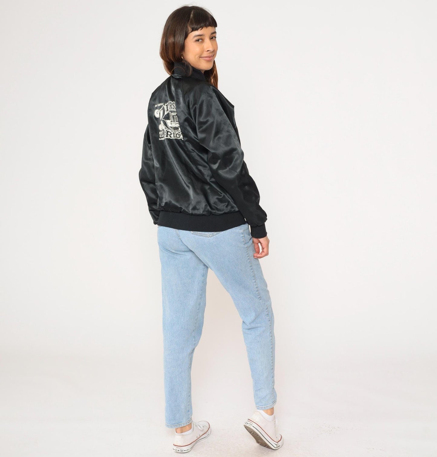 90s Riverside Resort Laughlin Nevada Satin Bomber Jacket Black Snap Small