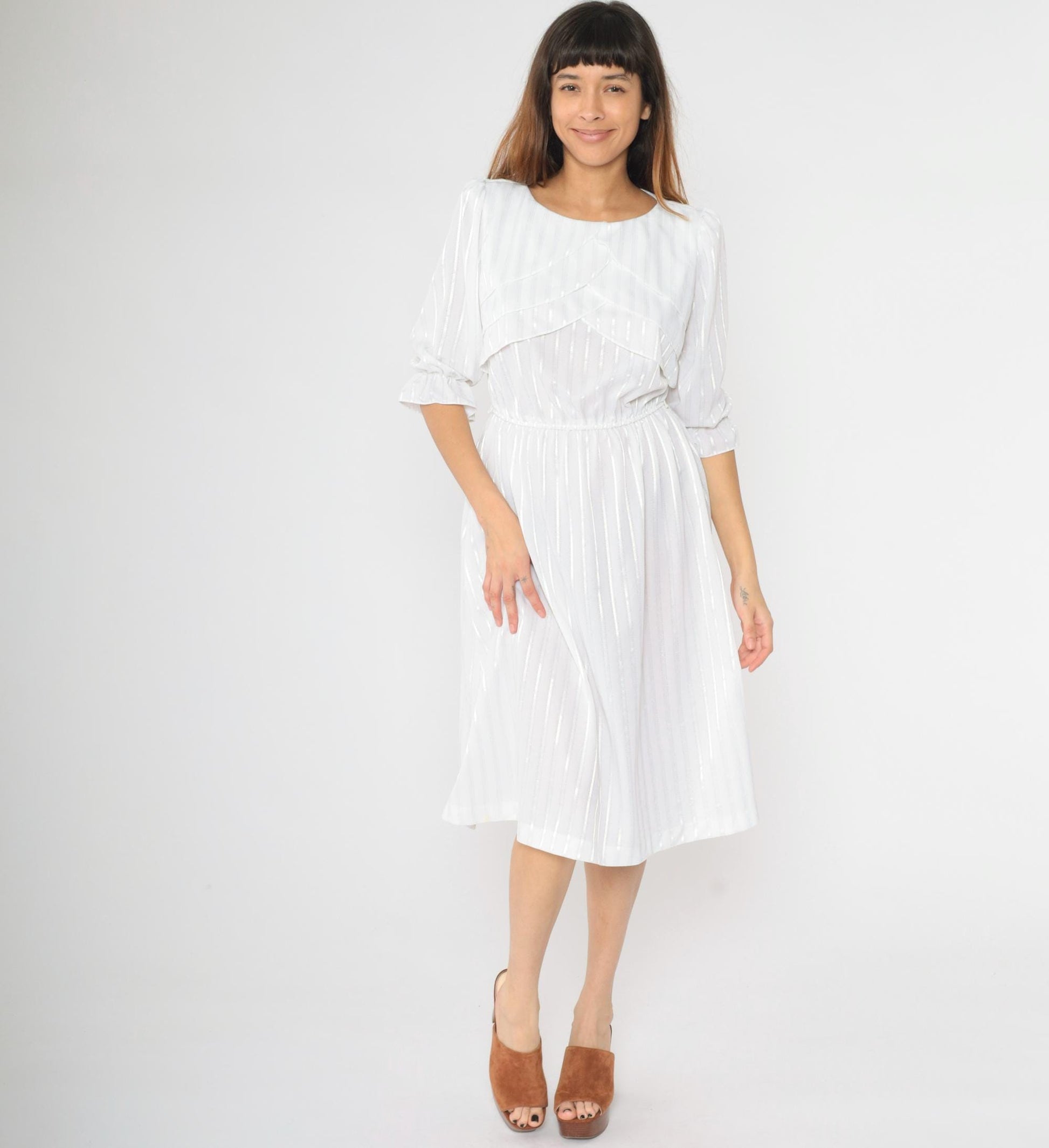 80s White Striped Midi Dress Puff Sleeve High Waist Semi-Sheer Medium M