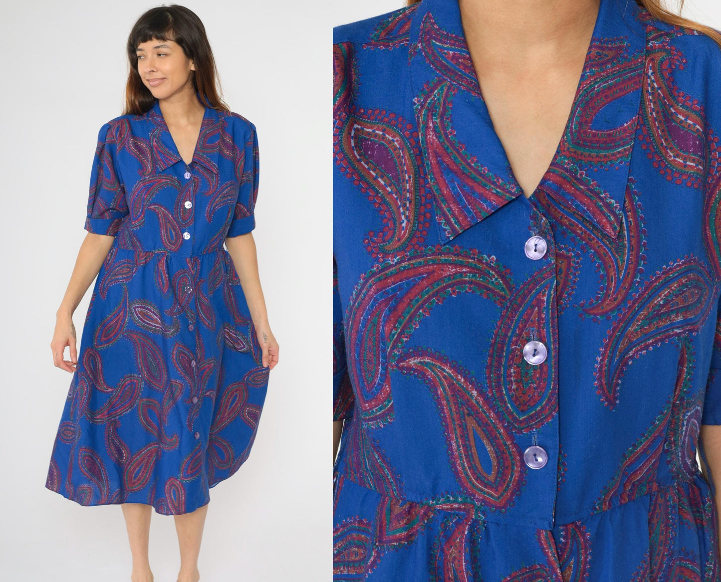 80s Paisley Midi Shirtdress Royal Blue High Waist Puff Sleeve Button Up Medium