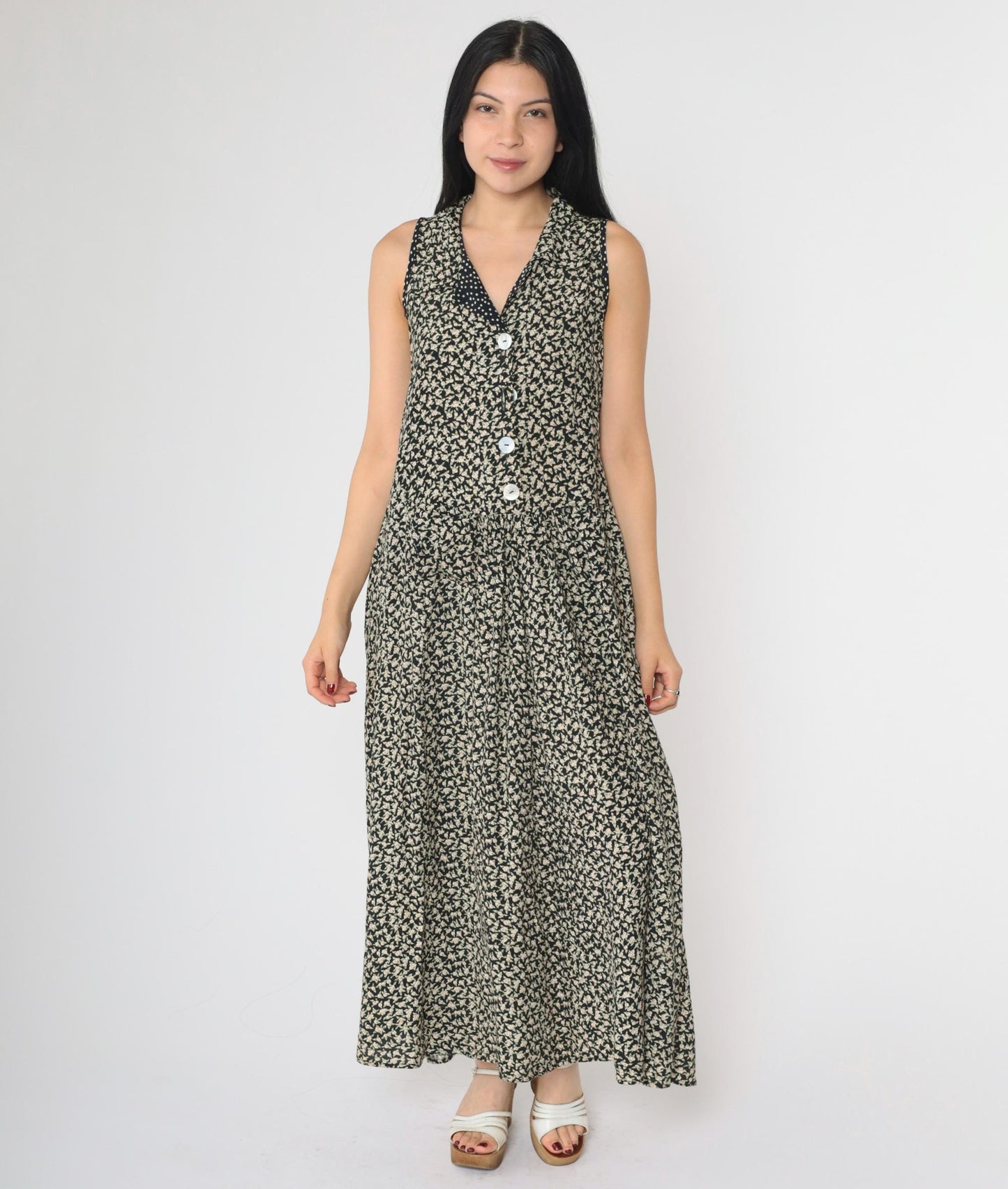 90s Black Floral Sleeveless Dress Button-Up Drop Waist Ankle Length Medium M