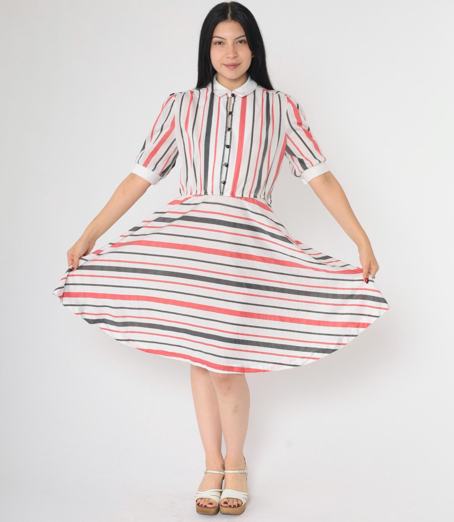 80s Striped Puff Sleeve Dress White Red Black Knee Length Button Up Medium