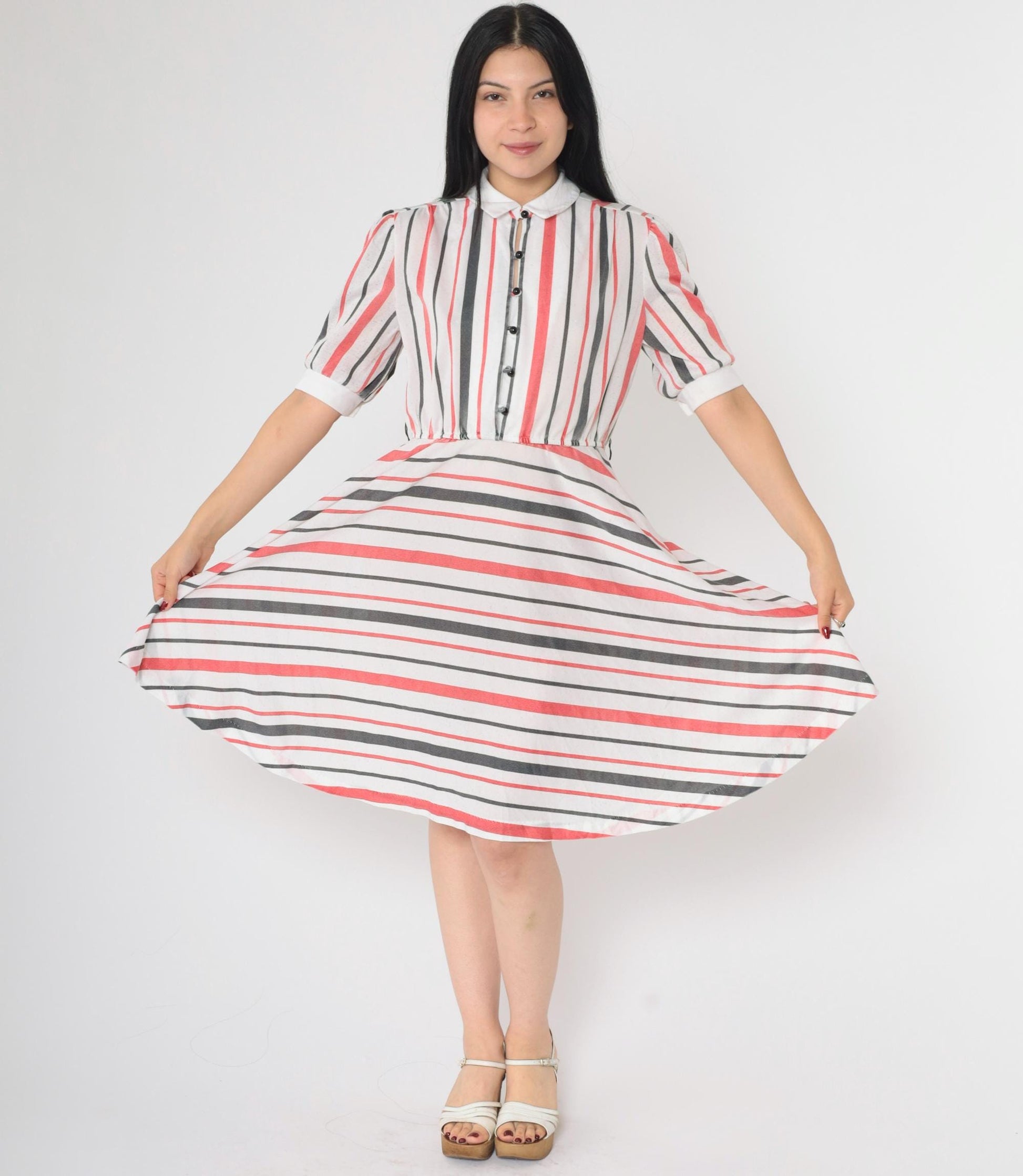 80s Striped Puff Sleeve Dress White Red Black Knee Length Button Up Medium