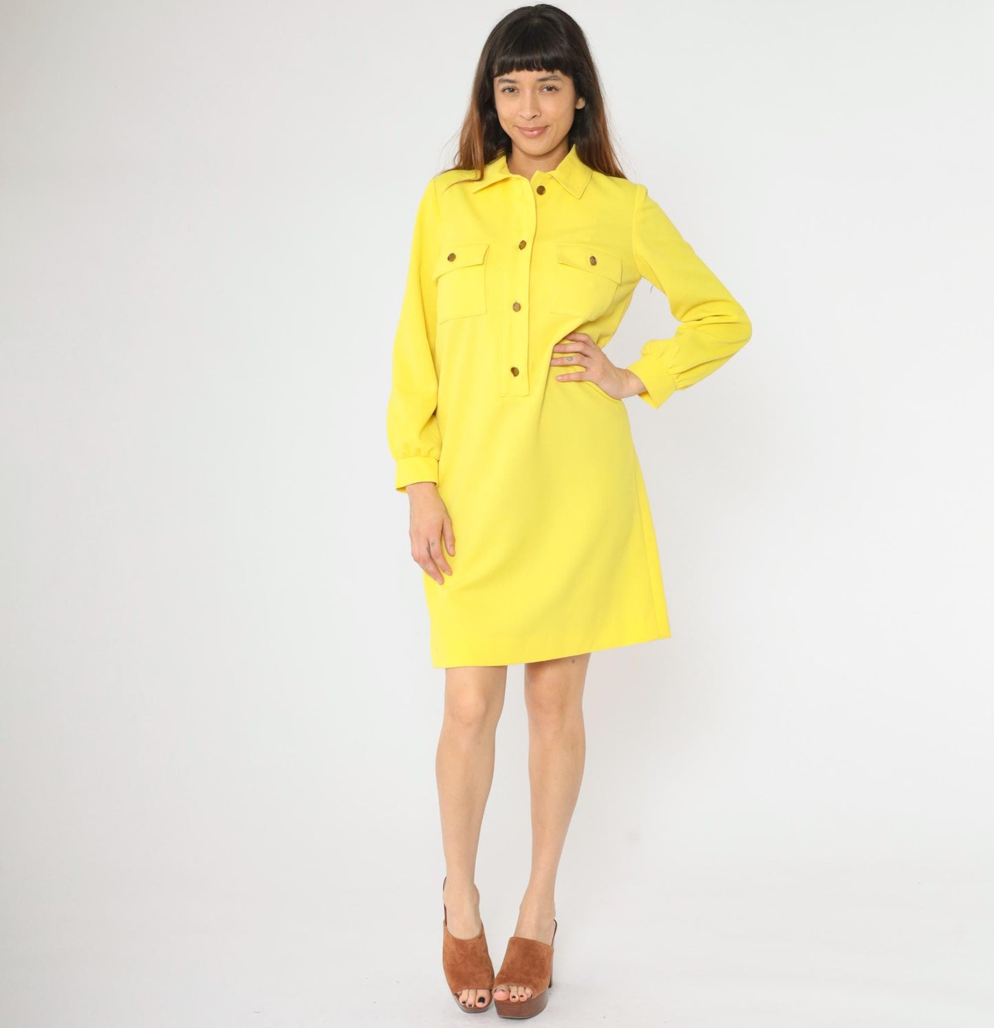 1970s L'Aiglon Yellow Knit Mod Shift Dress Button Front Pockets Small