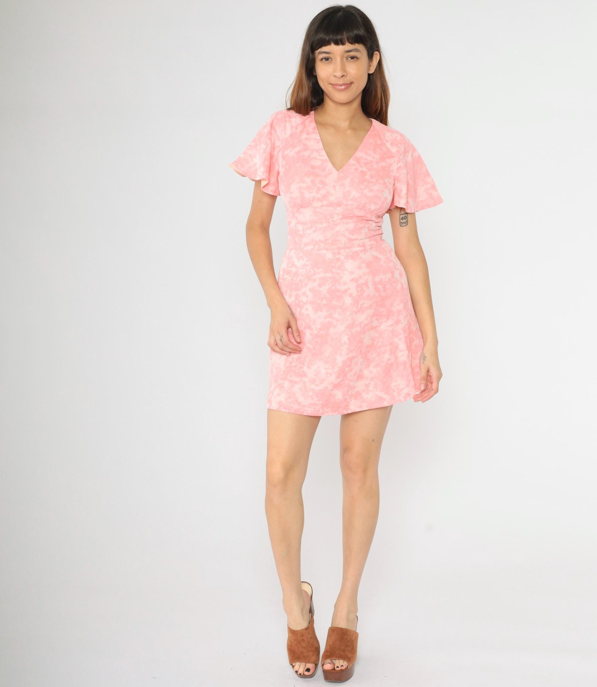 60s Pink Tie Dye Babydoll Mini Dress Flutter Sleeve Empire Waist Small