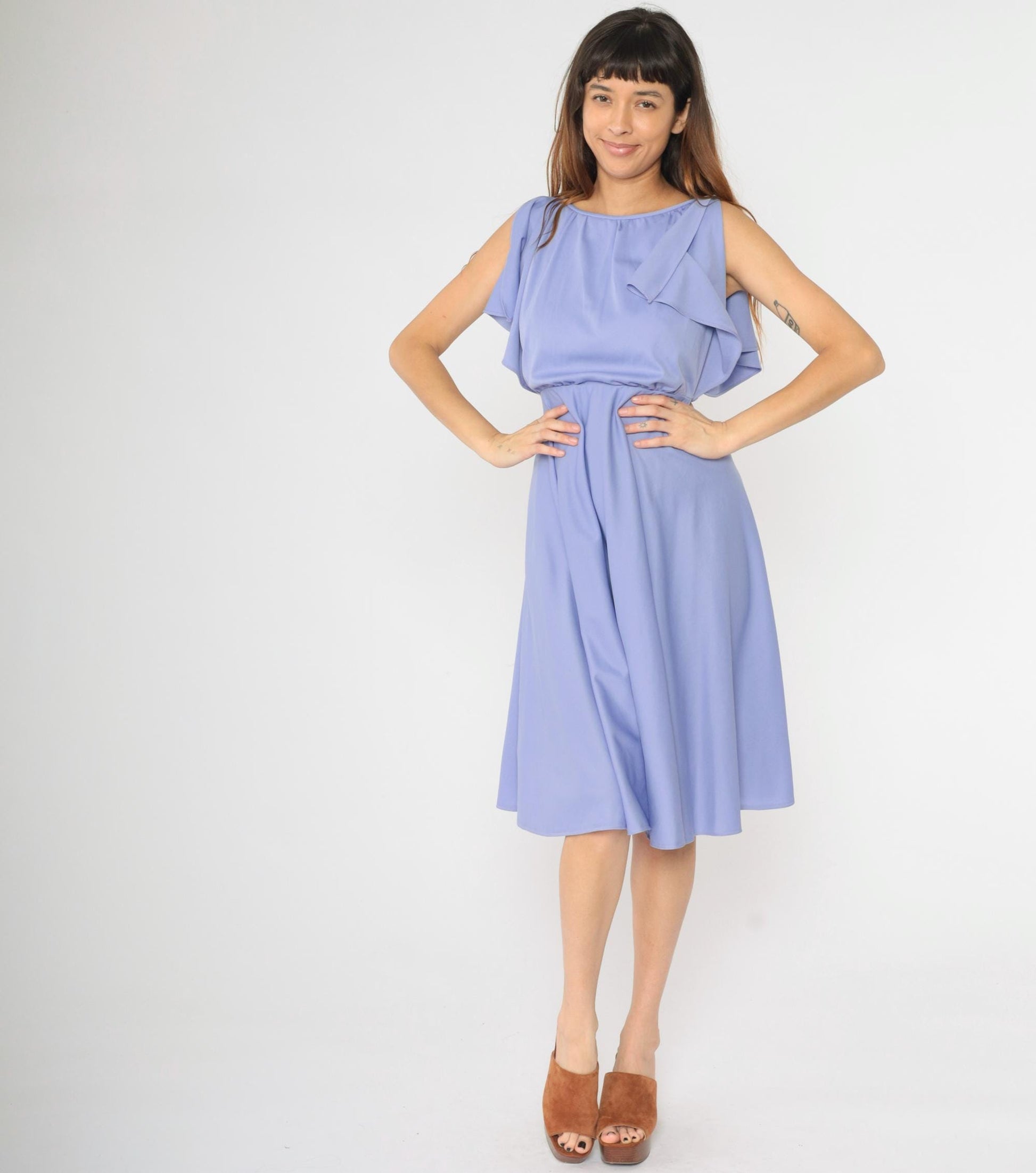 70s Lavender Disco Midi Dress High Elastic Waist Flutter Sleeve Small