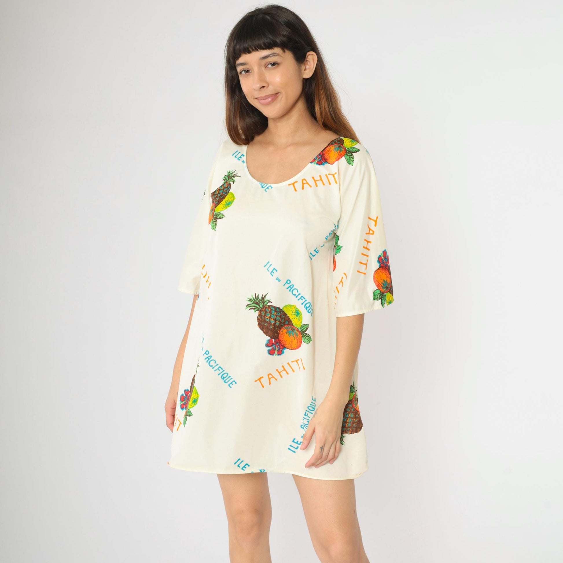 70s Zenith Loungewear Tropical Print Shift Dress Cream Bell Sleeve Medium M