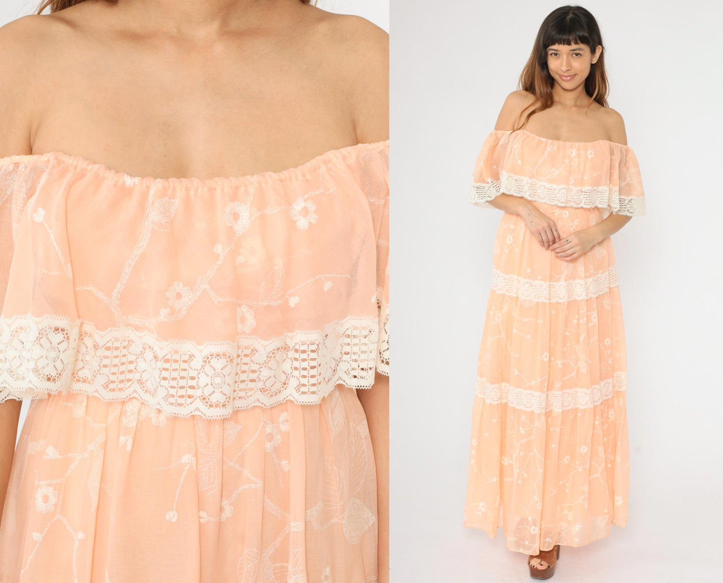 70s Peach Floral Off-Shoulder Maxi Dress Lace Tiered Peasant Small