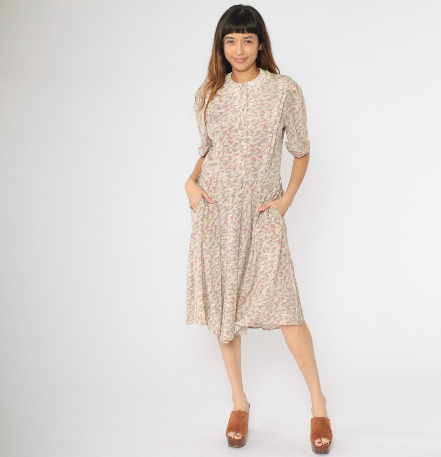 80s Jackie Taub Abstract Pastel Midi Dress Puff Sleeve Lace Collar Small