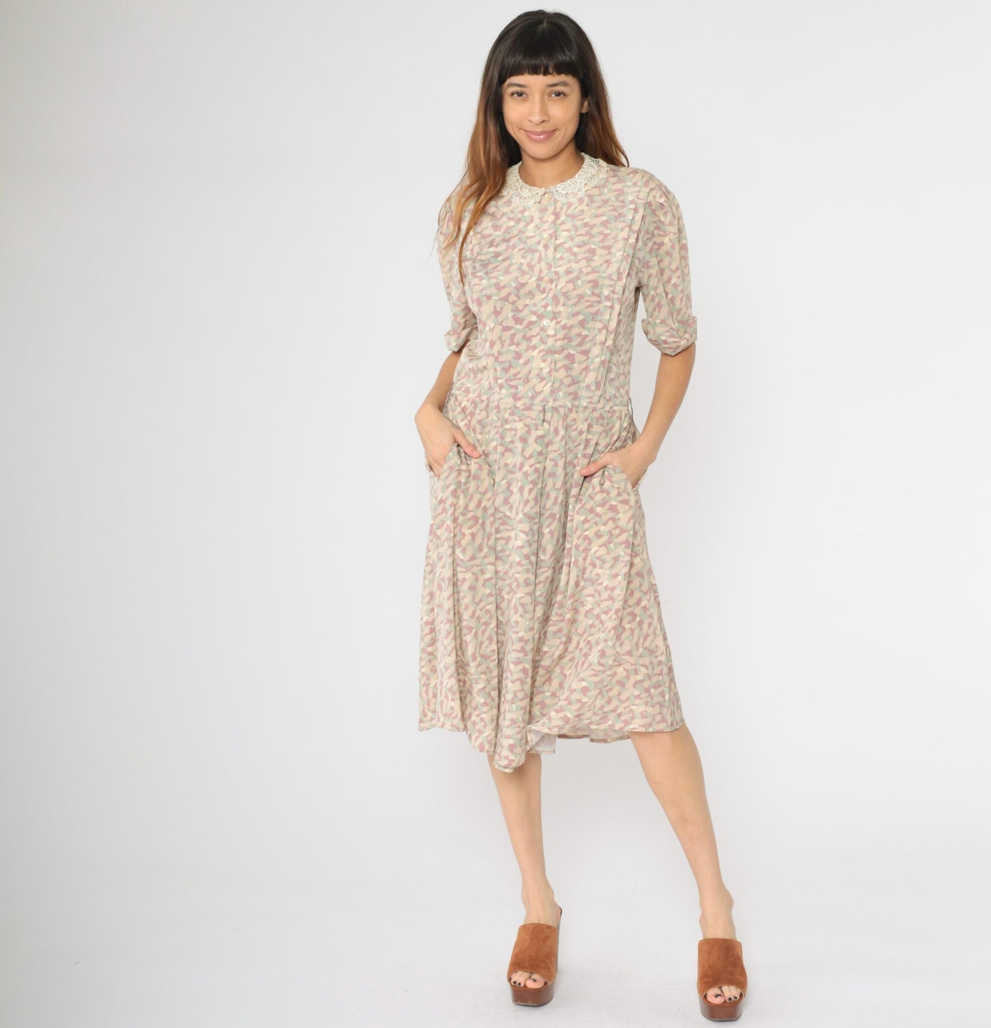 80s Jackie Taub Abstract Pastel Midi Dress Puff Sleeve Lace Collar Small
