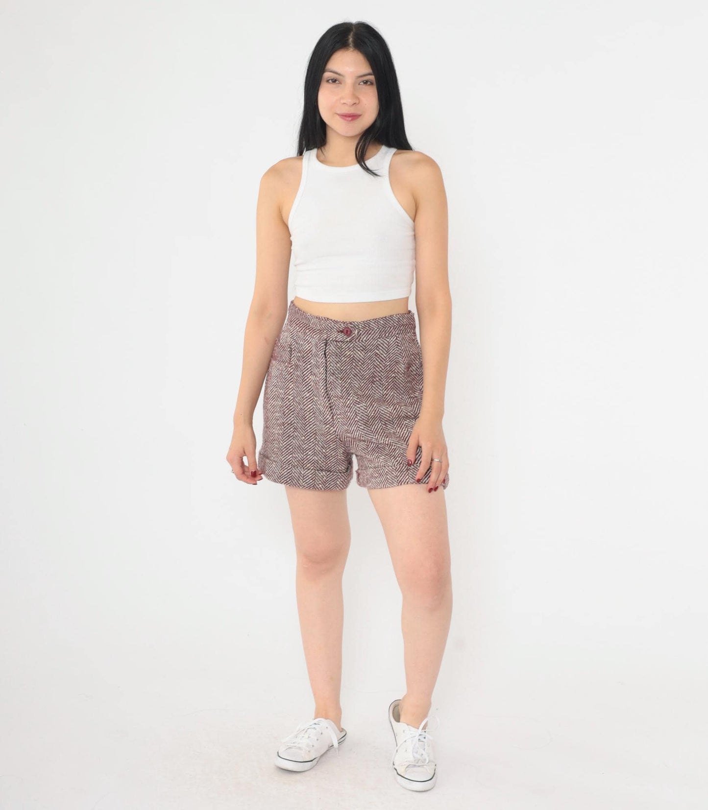 70s 80s Wool Blend Herringbone Shorts Burgundy White High Waist Cuffed Small
