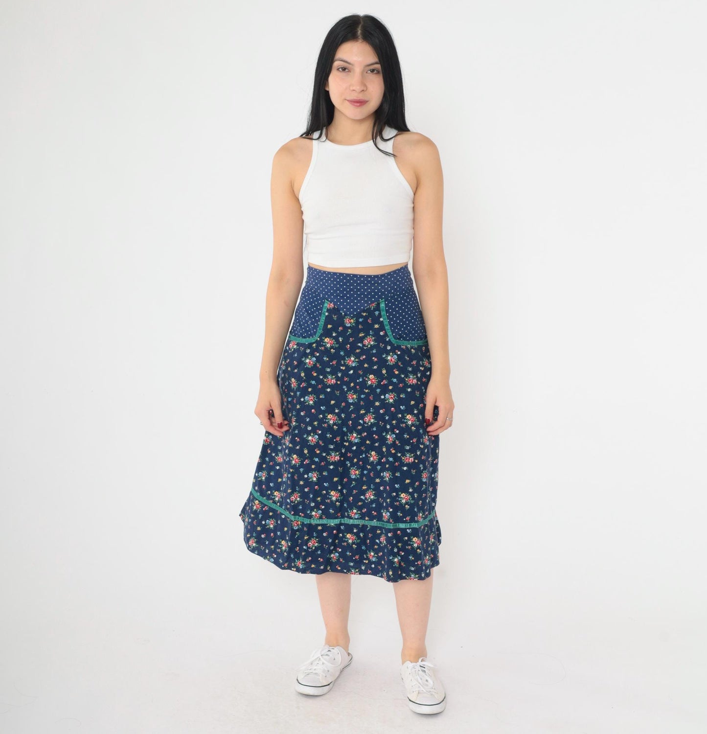 70s Gunne Sax Floral Midi Skirt Blue Polka Dot Calico Small
