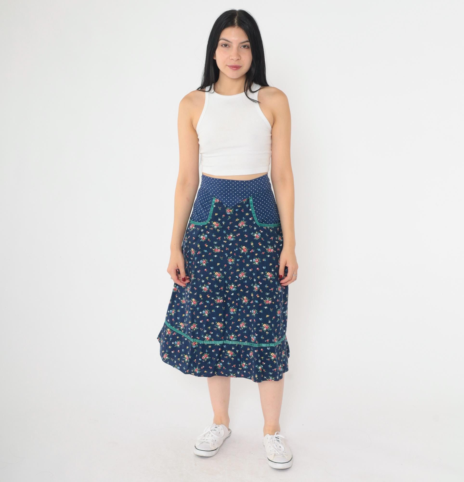 70s Gunne Sax Floral Midi Skirt Blue Polka Dot Calico Small