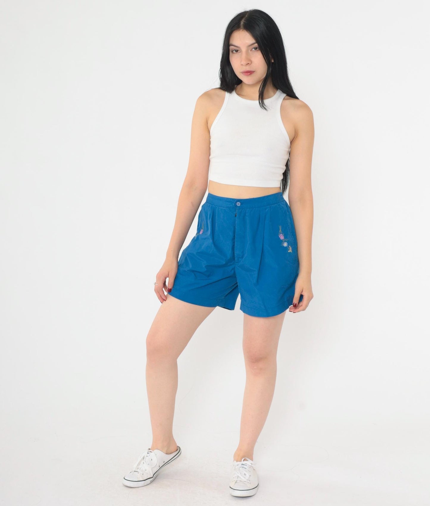 80s Blue Floral Embroidered High-Waist Shorts Pleated Elastic Waist Small