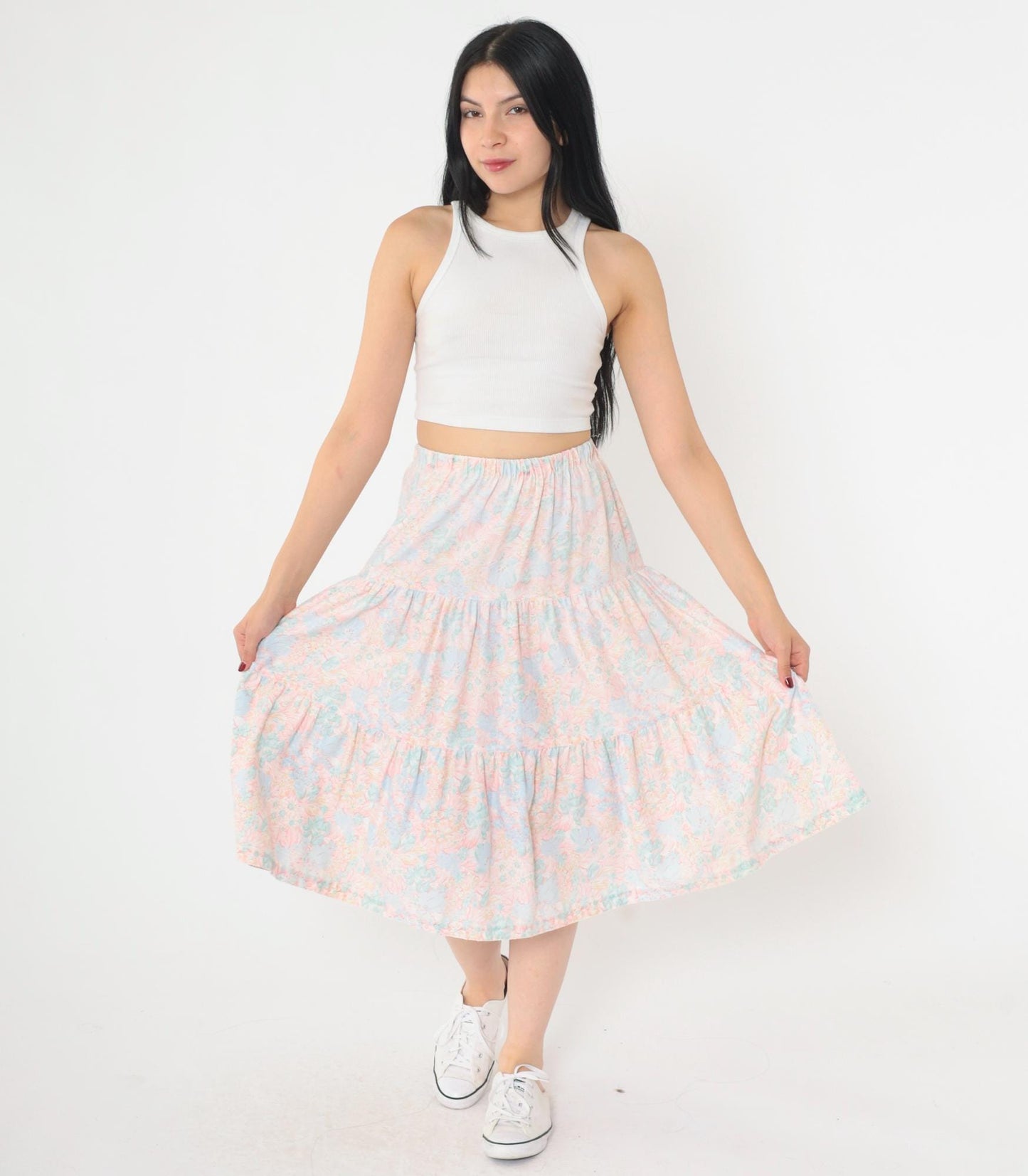 80s Pastel Floral Tiered Midi Skirt High Waist Pink Blue Small