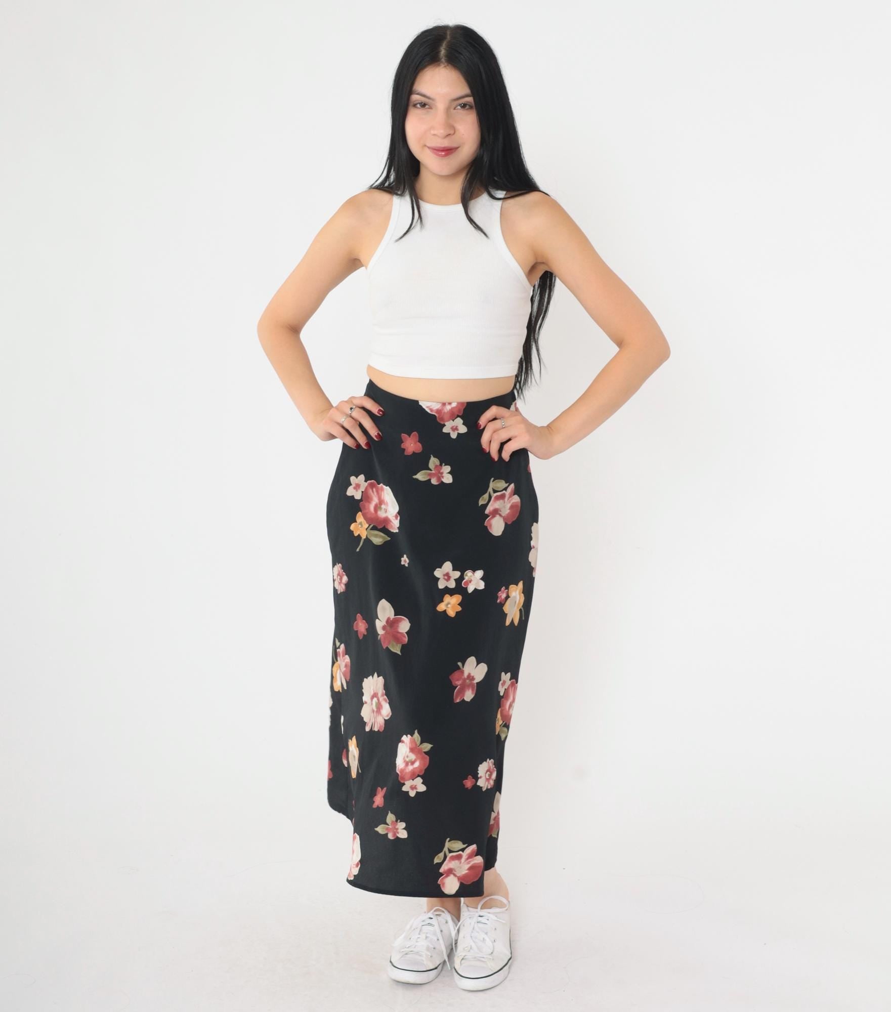 90s Black Floral Midi Skirt Red Yellow Print High Waist Extra Small XS