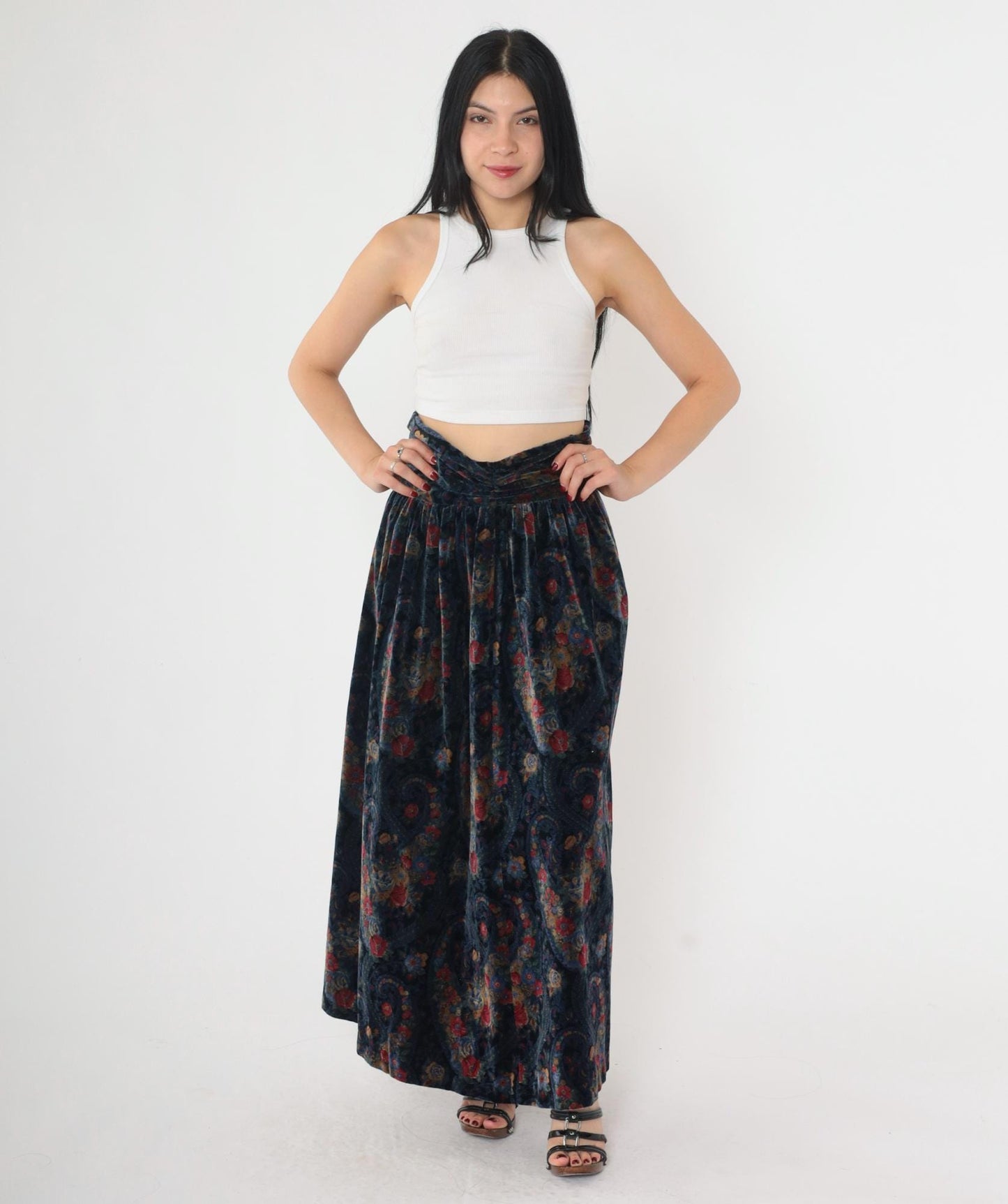 90s Floral Paisley Cotton Maxi Skirt Black Blue High Waist Small