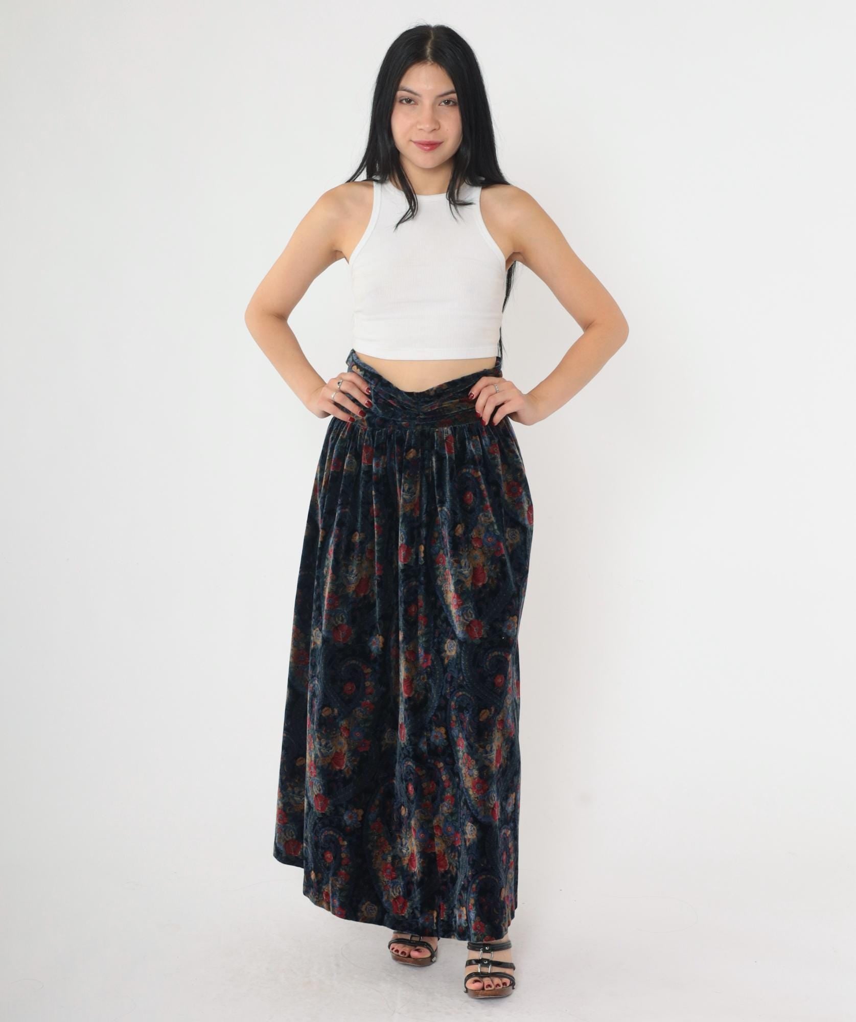 90s Floral Paisley Cotton Maxi Skirt Black Blue High Waist Small