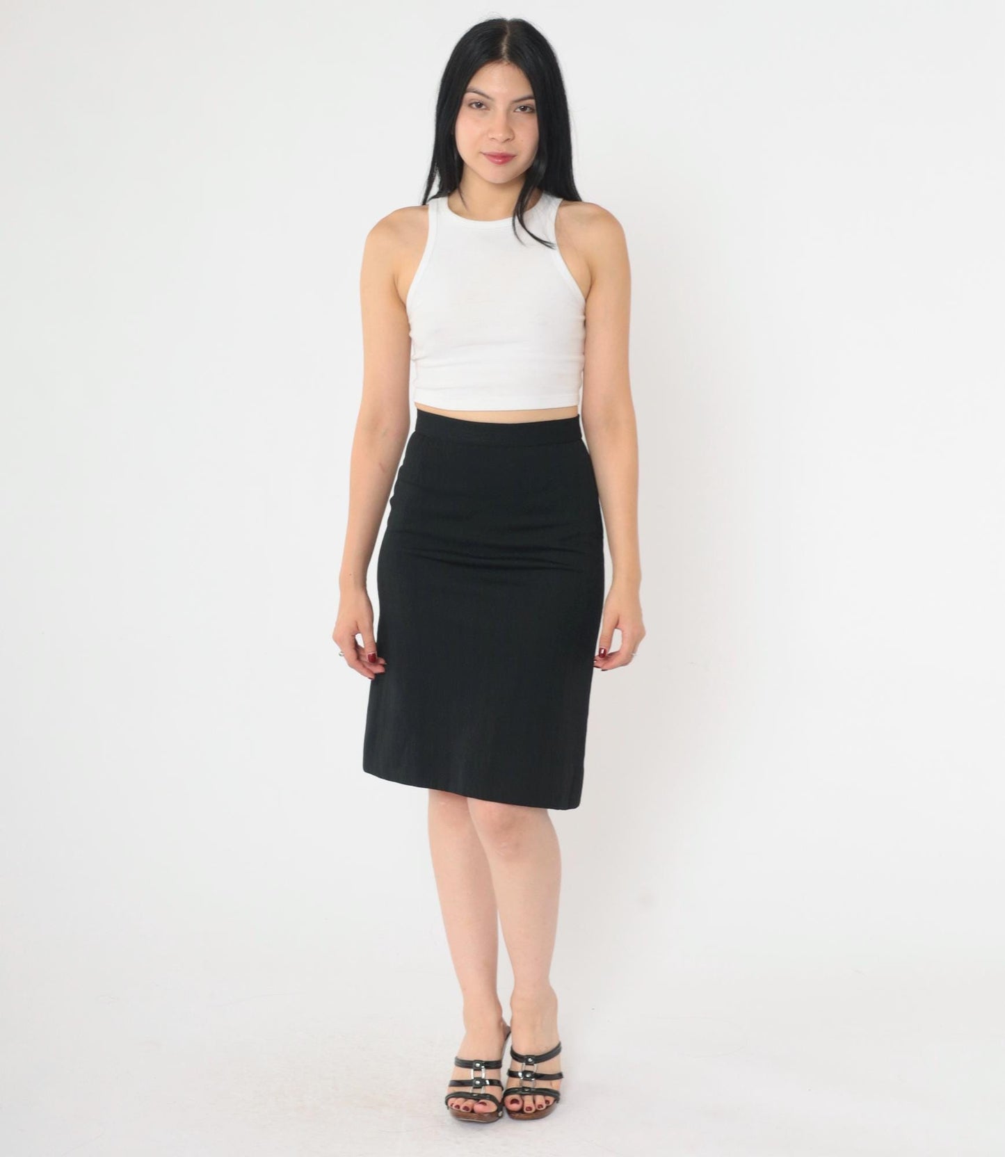 70s Black Geometric Textured Pencil Skirt High Waist Mini Extra Small