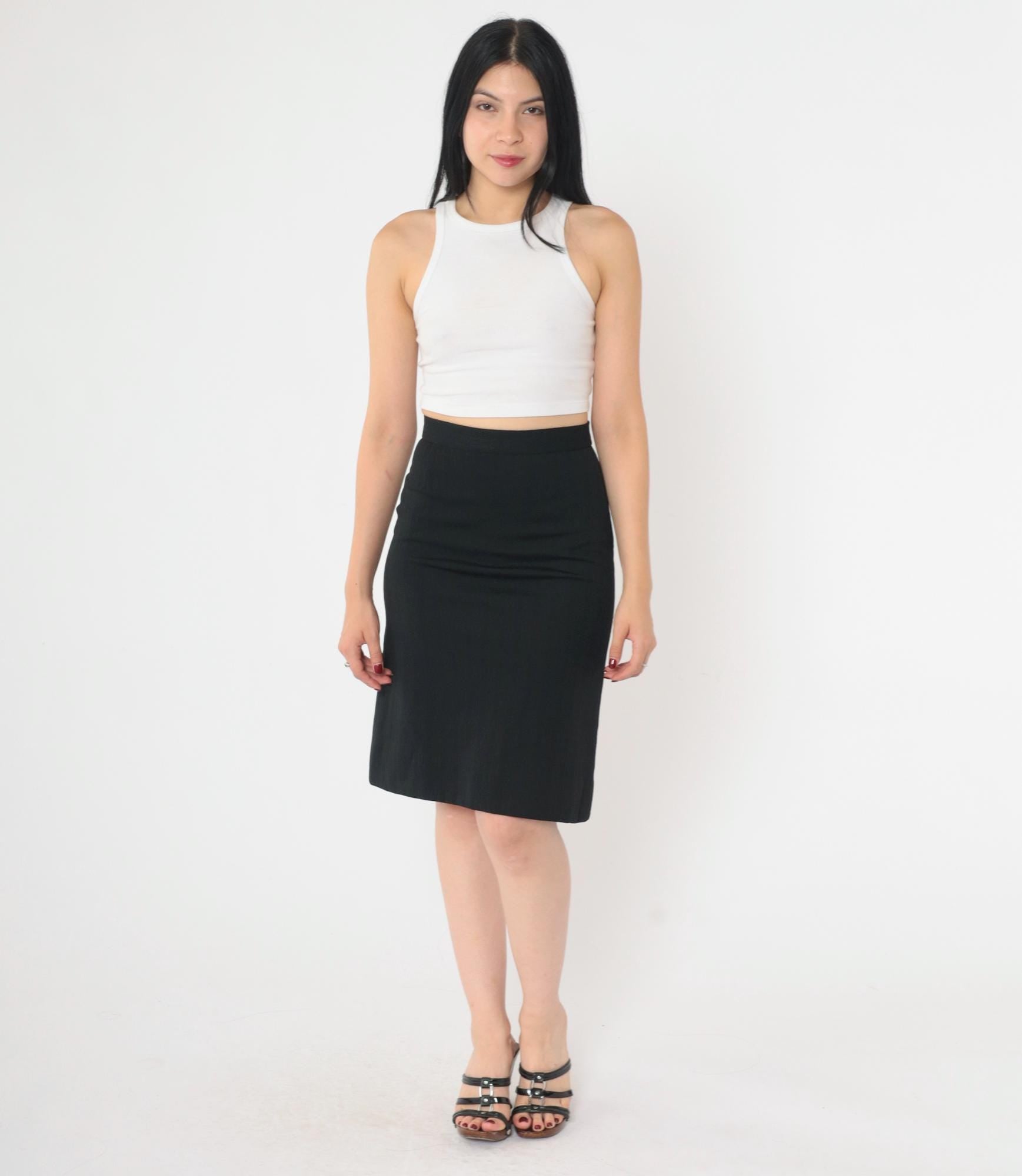 70s Black Geometric Textured Pencil Skirt High Waist Mini Extra Small
