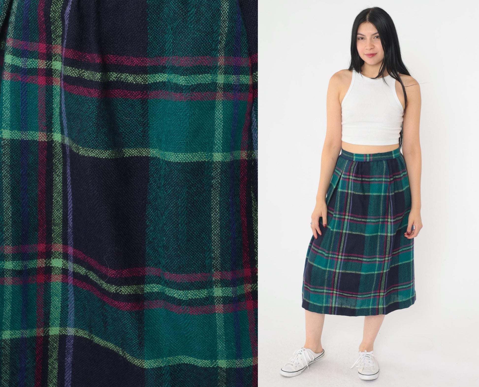 80s Jack Winter Pleated Plaid Wool Midi Skirt Teal Pink High Waist Small