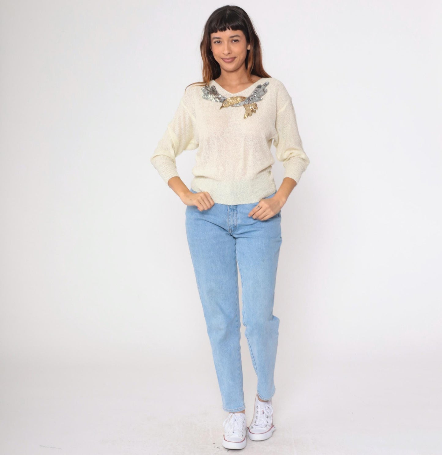 80s Sequin Bird Sweater Off-White V-Neck Beaded Metallic Pullover Small
