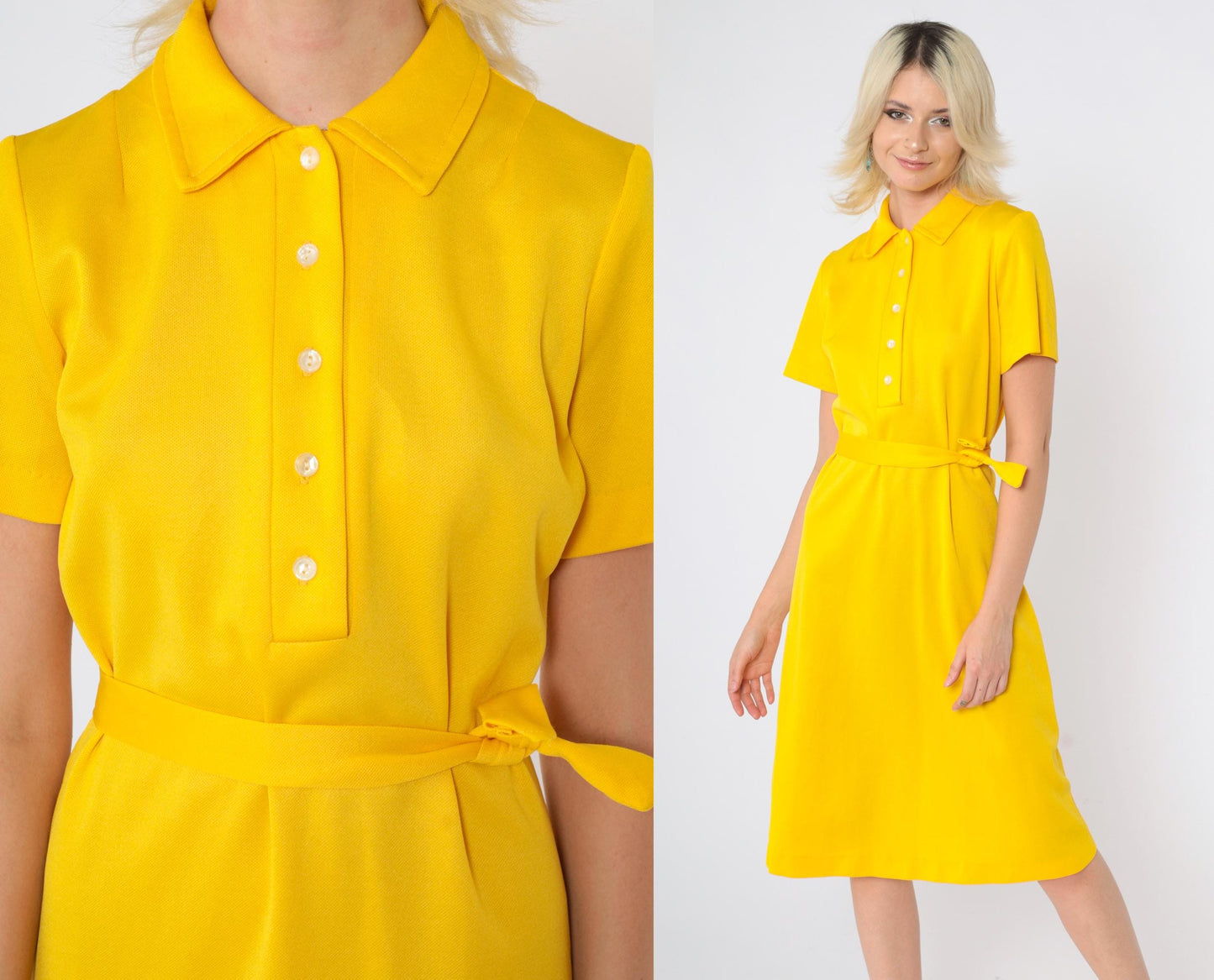 60s Mod Yellow Shift Dress Button Front Knee Length Medium M
