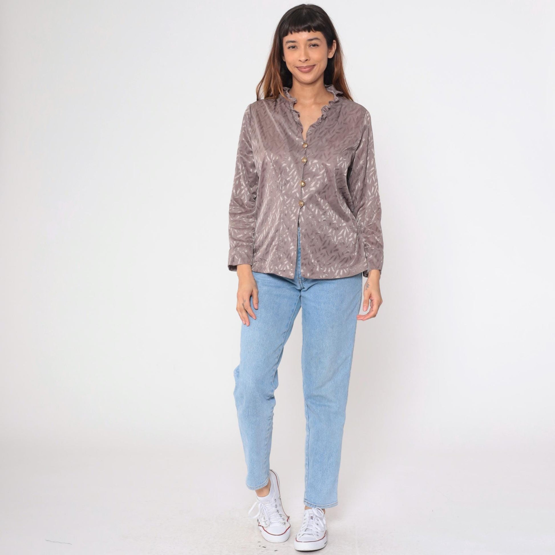 80s Taupe Jacquard Blouse Ruffle Collar Button Up Long Sleeve Large L