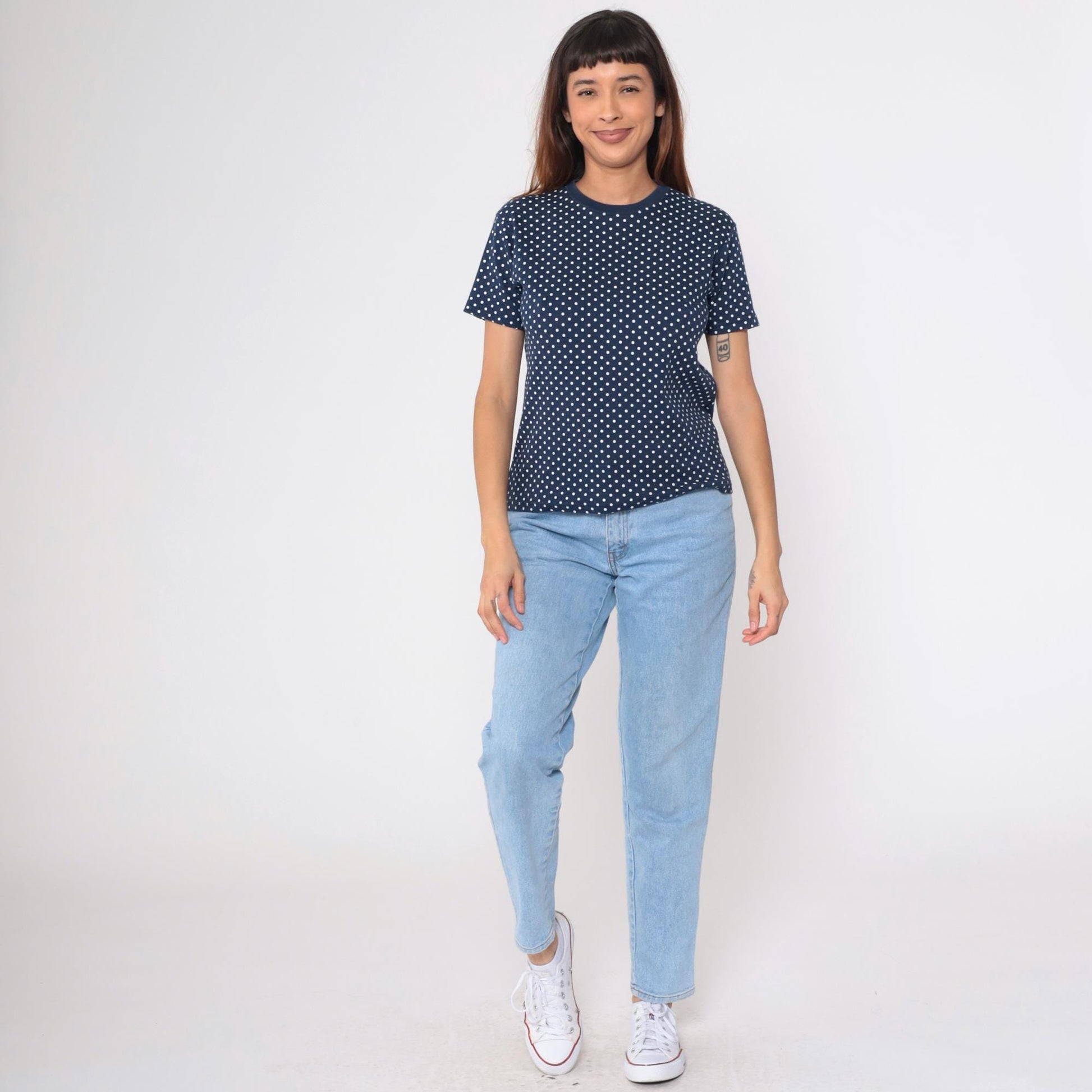 90s Navy Polka Dot T-Shirt White Dots Crewneck Petite Small