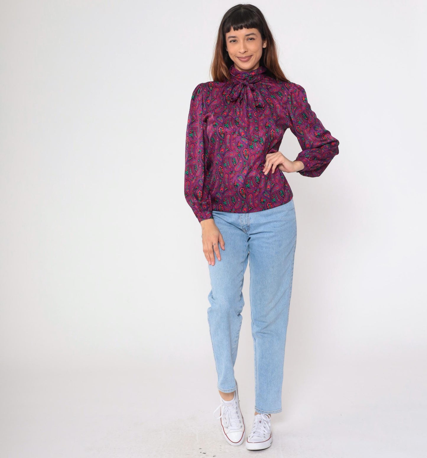 80s Paisley Necktie Blouse Red Purple Psychedelic Button-Up Long Sleeve Small