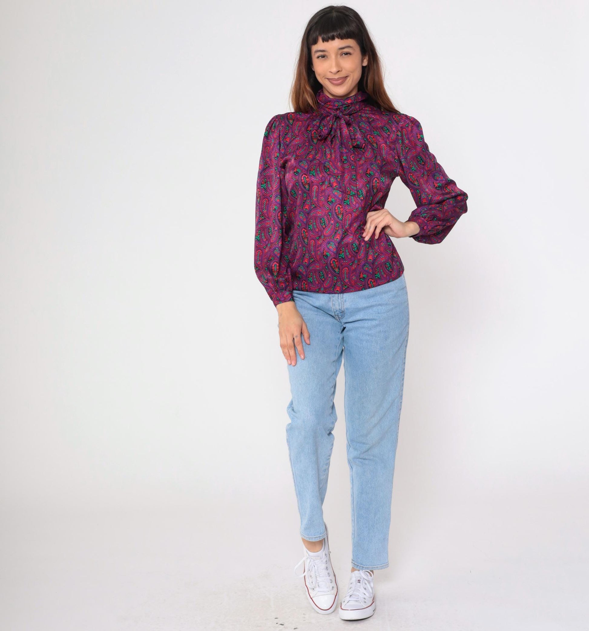 80s Paisley Necktie Blouse Red Purple Psychedelic Button-Up Long Sleeve Small