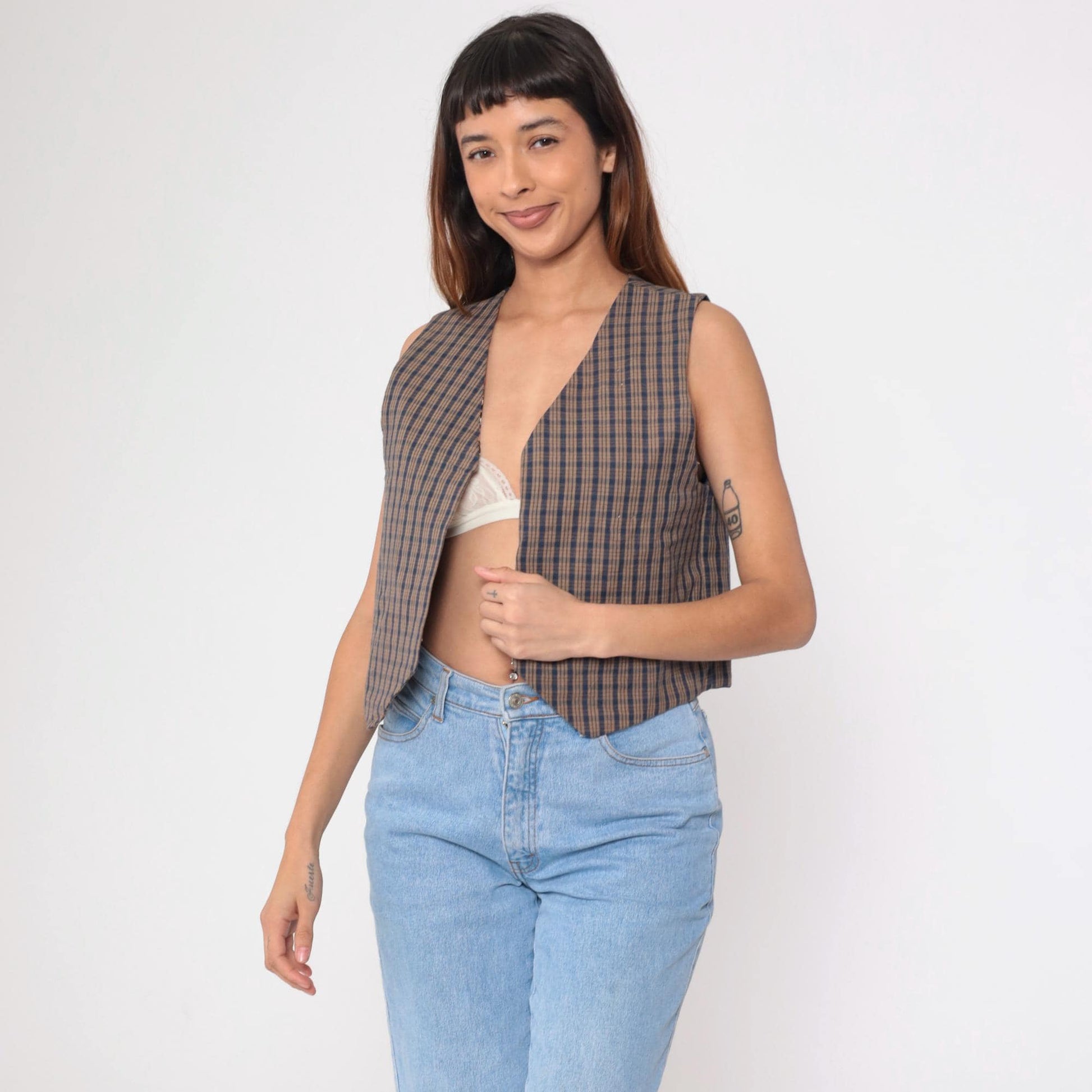 90s Reversible Patchwork Vest Chambray Plaid Floral Lace Heart Small